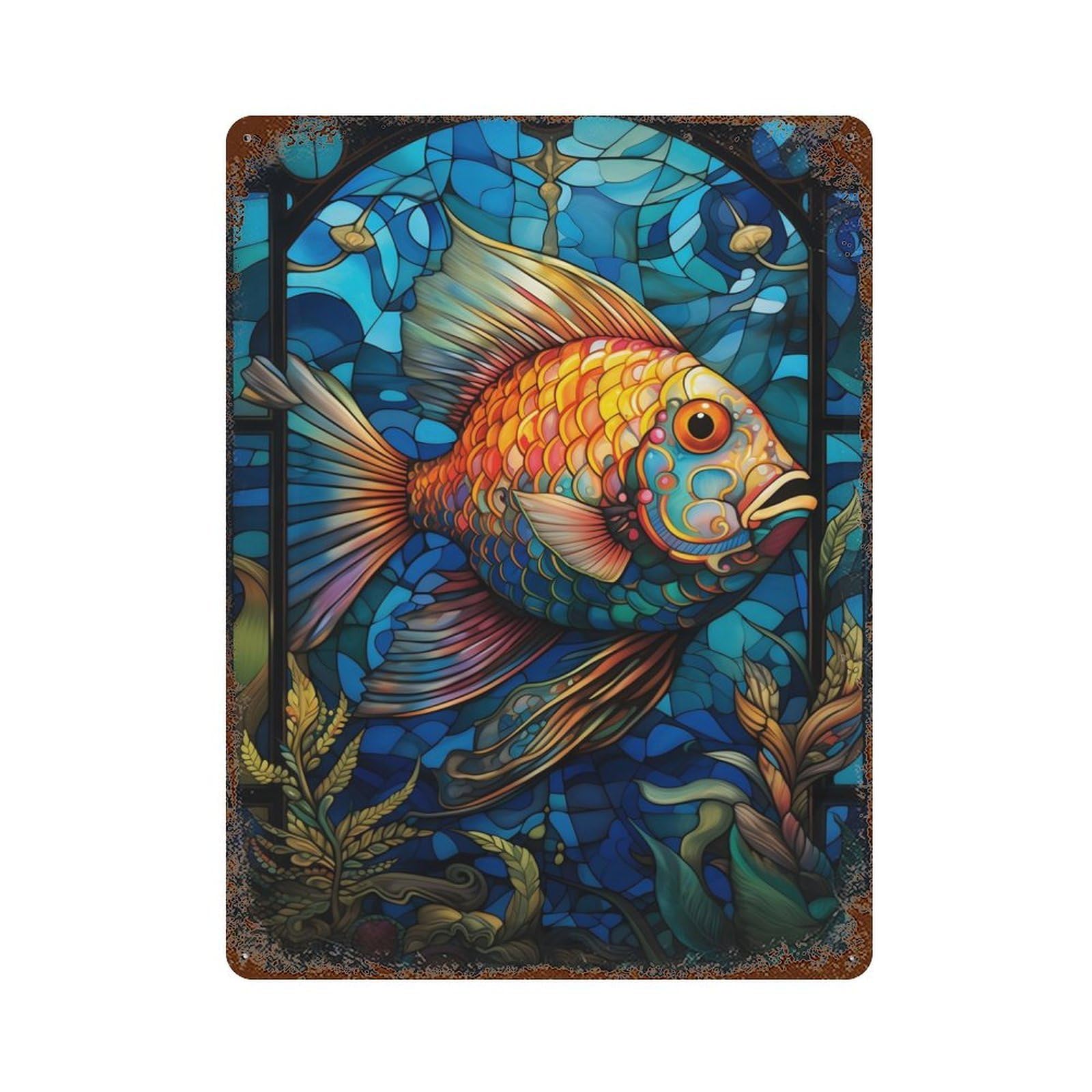 Distressed Metal Wall Sign Fairy Wrasse Stained Glass 15.7"x11.8", Vintage Wall Decor for Garage, Bar And Workshop Decor