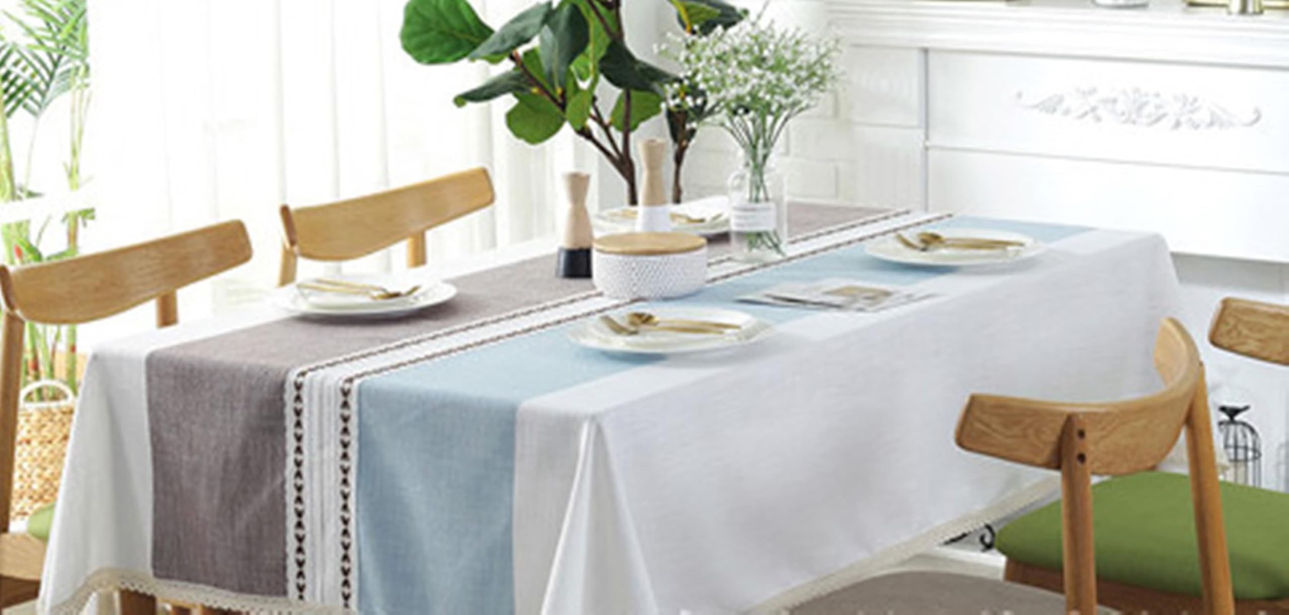 Mantel Moderno Rectangular Azul, Empalme con Encaje, de Poliéster Fácil de Limpiar, 120 x 180 cm, Mantel para Restaurante