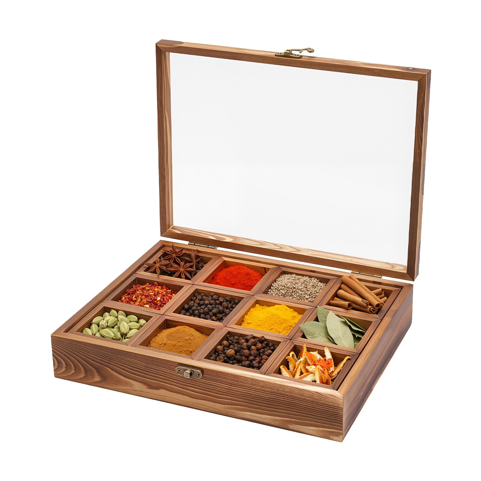 Wooden Spice Box with 12 Compartments Seasoning Box with Wooden Spoon and Safety Latch Spice Jars Kitchen for Storing Kitchen, Living Room, Restaurant, Tea Room