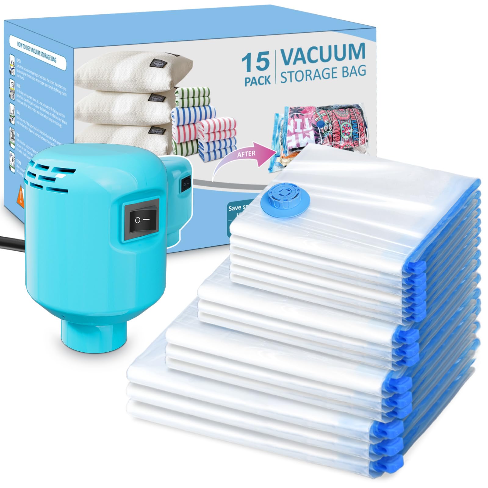 KISSLEAF Lot de 15 sacs sous vide pour vêtements, couettes, avec pompe électrique, pour voyage, dégonflage rapide, peu encombrant, anti-poussière et imperméable, taille plus pour plus de compression