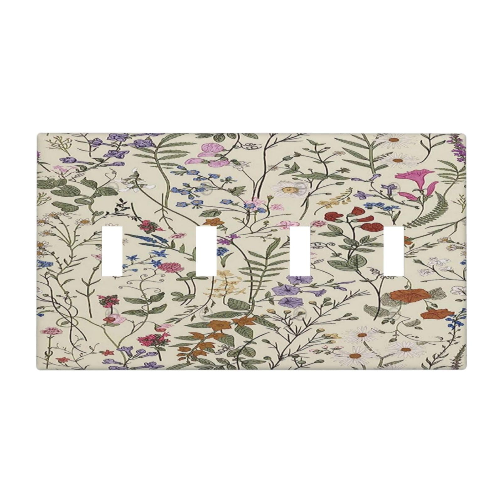 LOLREAI Decorative Light Switch Cover Plate Vintage Wildflower Beige Botanical Floral 4 Gang Wall Plates Quad Toggle Electrical Switch Plate Covers Outlet Covers Faceplate for Home Decor