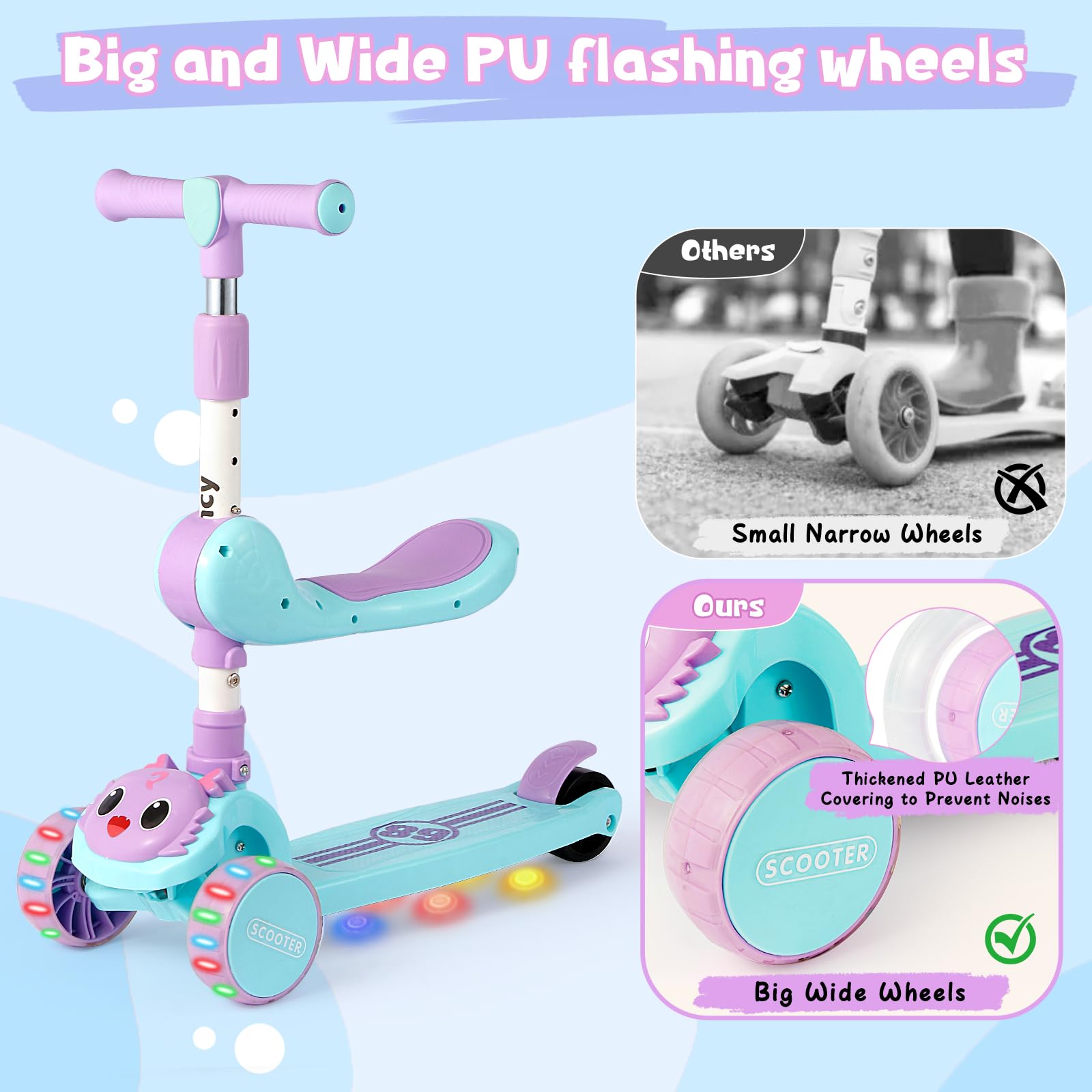 3-Rad-Roller für Kinder im Alter von 2–8 Jahren, 2-in-1-Kinderroller mit abnehmbarem Sitz, Klapproller mit Musik und leuchtenden Rädern, höhenverstellbar, durch Gewichtsverlagerung lenkbar