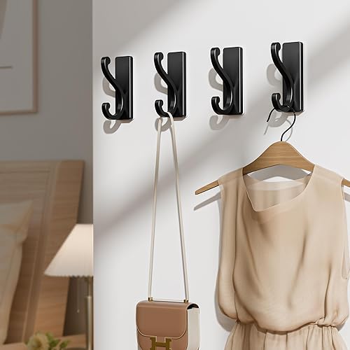Miniatura 8 de Ganchos de pared negros para abrigos, paquete de 4 ganchos autoadhesivos para ropa, toallas, llaves, ganchos resistentes para puerta, cocina, baño,