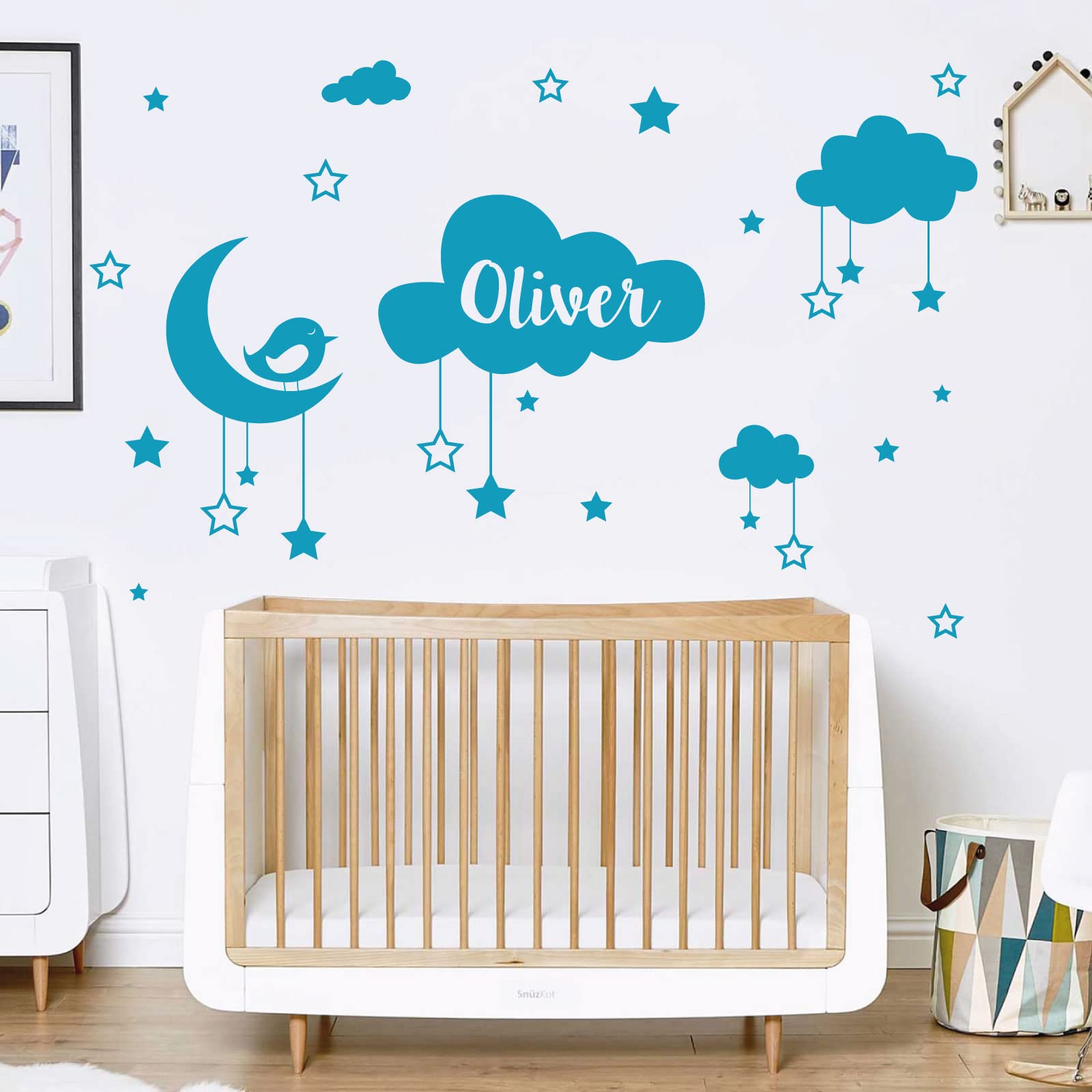 Personalised Name Baby Wall Sticker - Clouds, Stars, Moon & Bird [Large] [Sky]
