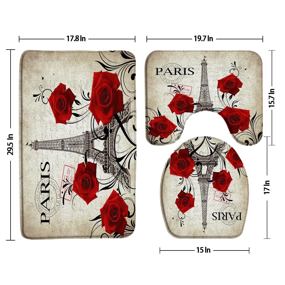 3pcs Eiffel Tower Bathroom Sets with Non-Slip Rug,Toilet Lid Cover and Bath Mat,Romantic Vintage France Paris Abstract Red Rose Floral Stamp Valentine's Day Bathroom Carpet Bath Mat Toilet Rugs