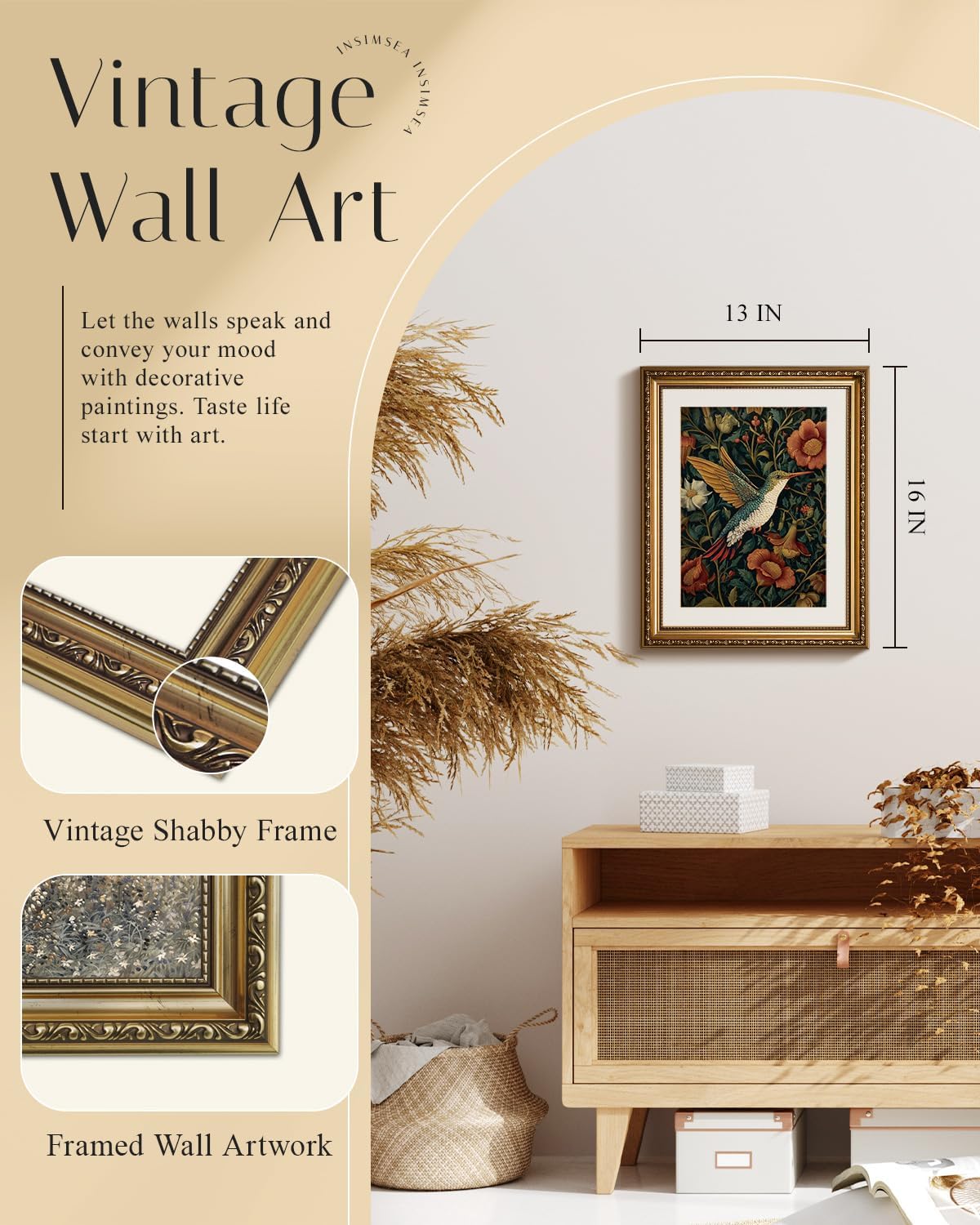 InSimSea Gold Picture Framed Wall Art, Living Room Vintage Moody Hummingbird Wall Decor, William Morris Botanical Canvas Print Art, Home Farmhouse Decor, Antique Paintings with Frame 13x16inch