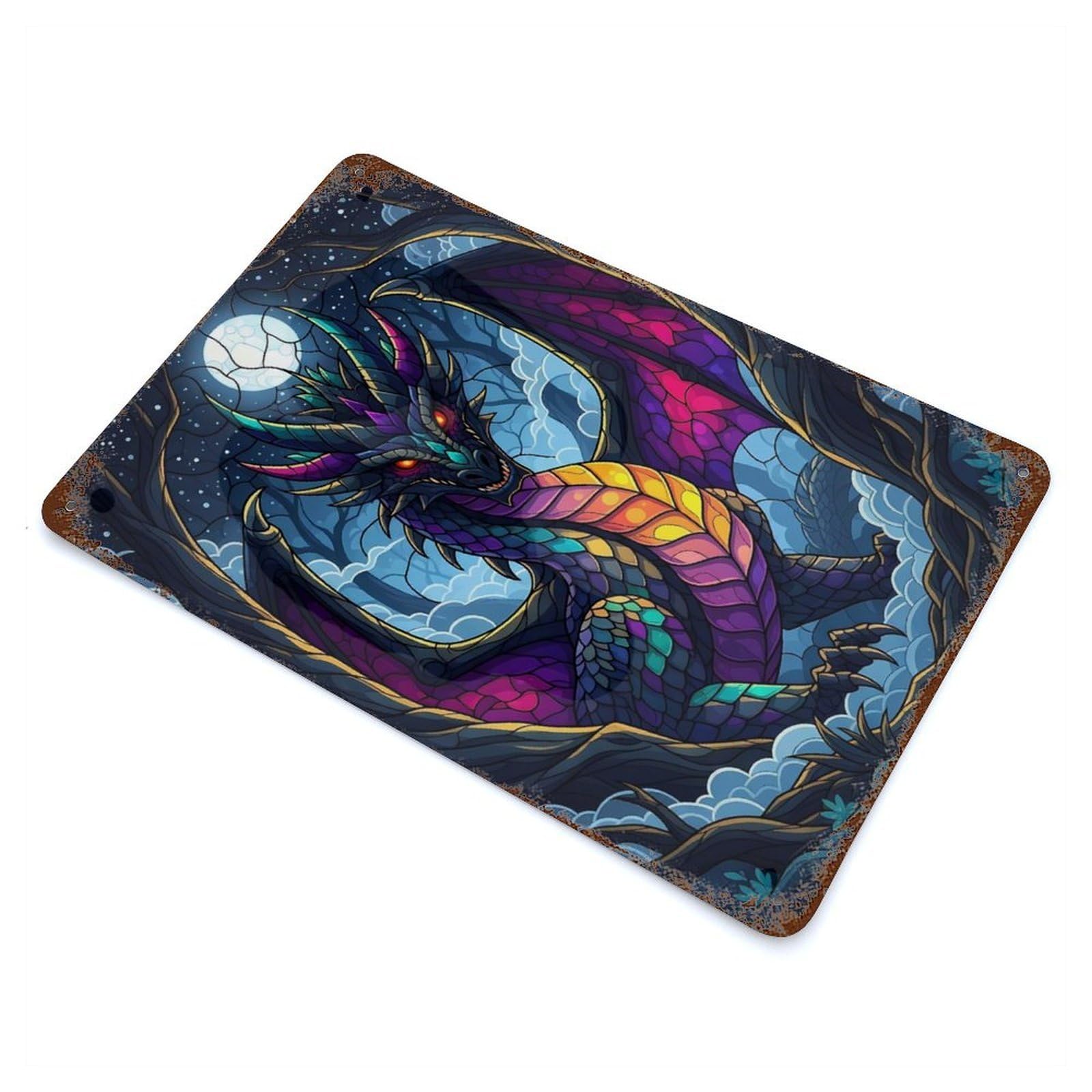 Colorful Dragon in Forest at Night Rustic Tin Plaque 11.8"x7.9", Farmhouse Wall Decor for Shed, Workshop And Garage Wall Decor