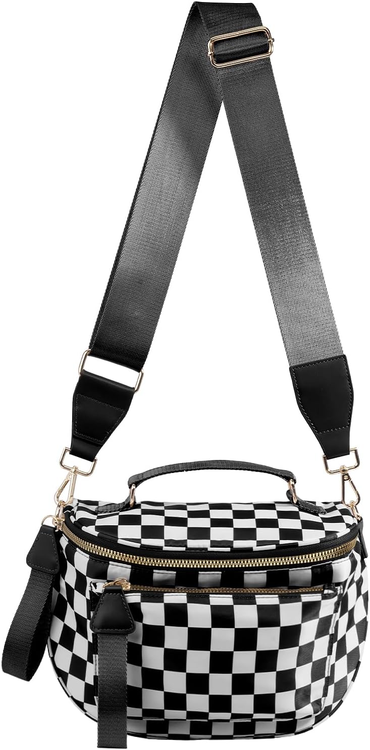 Checkered Crossbody Bag Bum Bag For Women,Spacious Checkered Purse Fanny Packs,Upgraded Version With Carry Handle