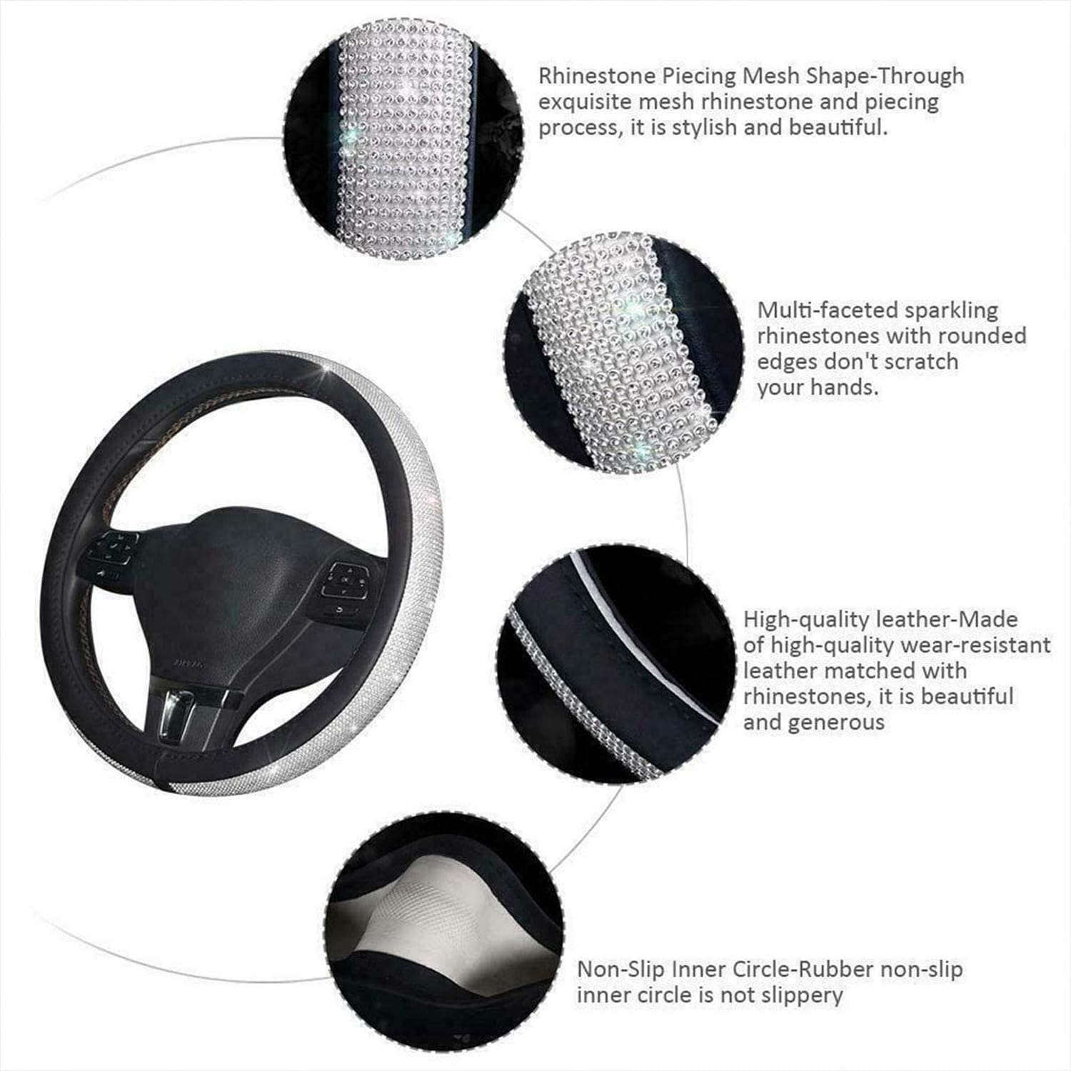 Riloer PU Leather Car Steering Wheel Cover Soft Non-Slip, Rhinestone Decoration, Universal Size Fit for 37-38cm/14.5