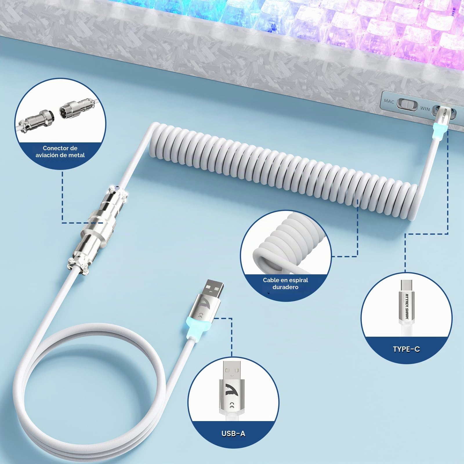 Teclado magnético con Cable para Juegos de 8000Hz con gatillo rápido de Fibra de Carbono, Intercambiable en Caliente; ratón inalámbrico PAW3950 Tri-Mode de 42000DPI y Cable USB-C en Espiral con RGB