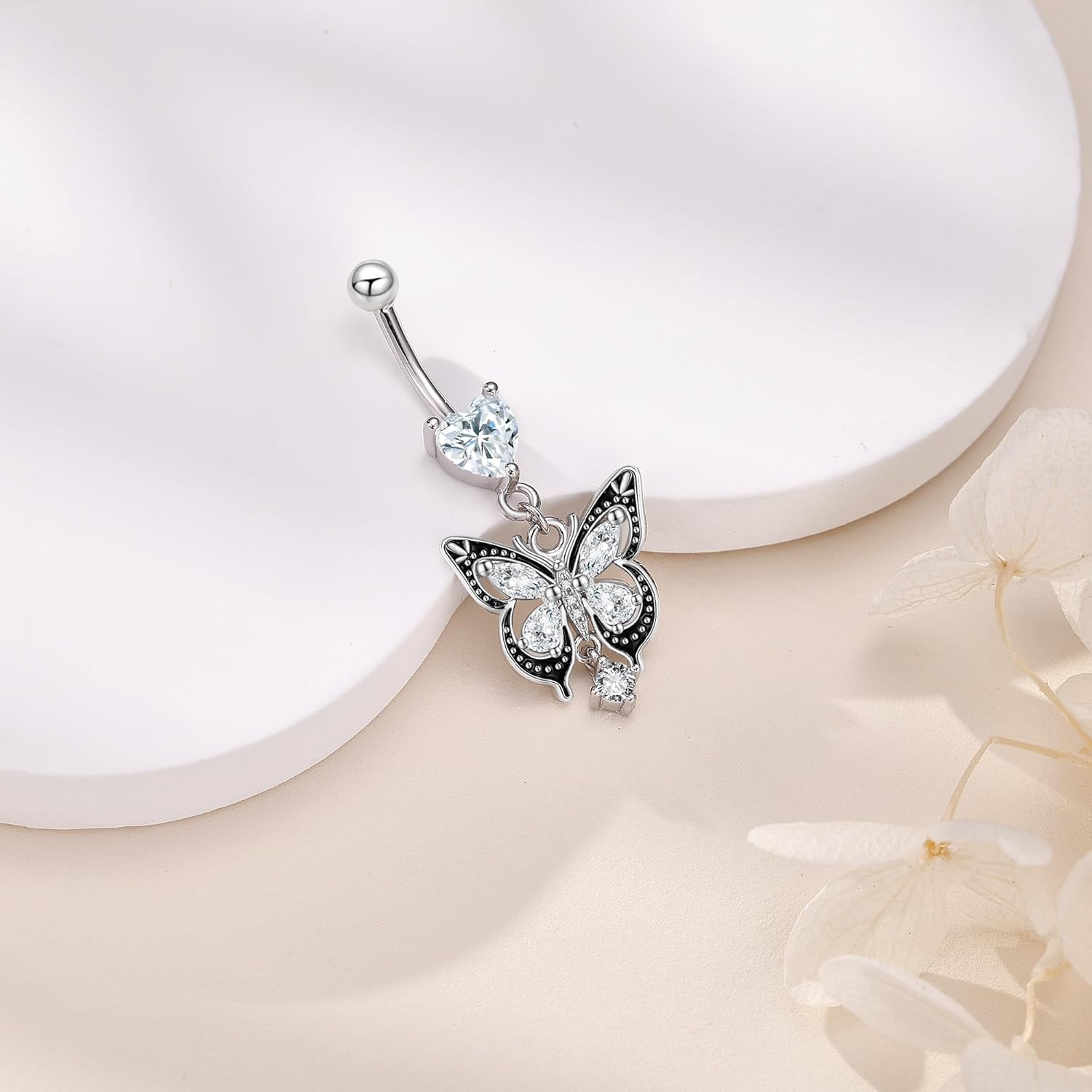 Belly Button Ring 925 Sterling Silver Bar Butterfly/Cross/Pregnancy Dangle Belly Button Piercing Body Navel Rings CZ Moonstone Jewelry Gift for Women