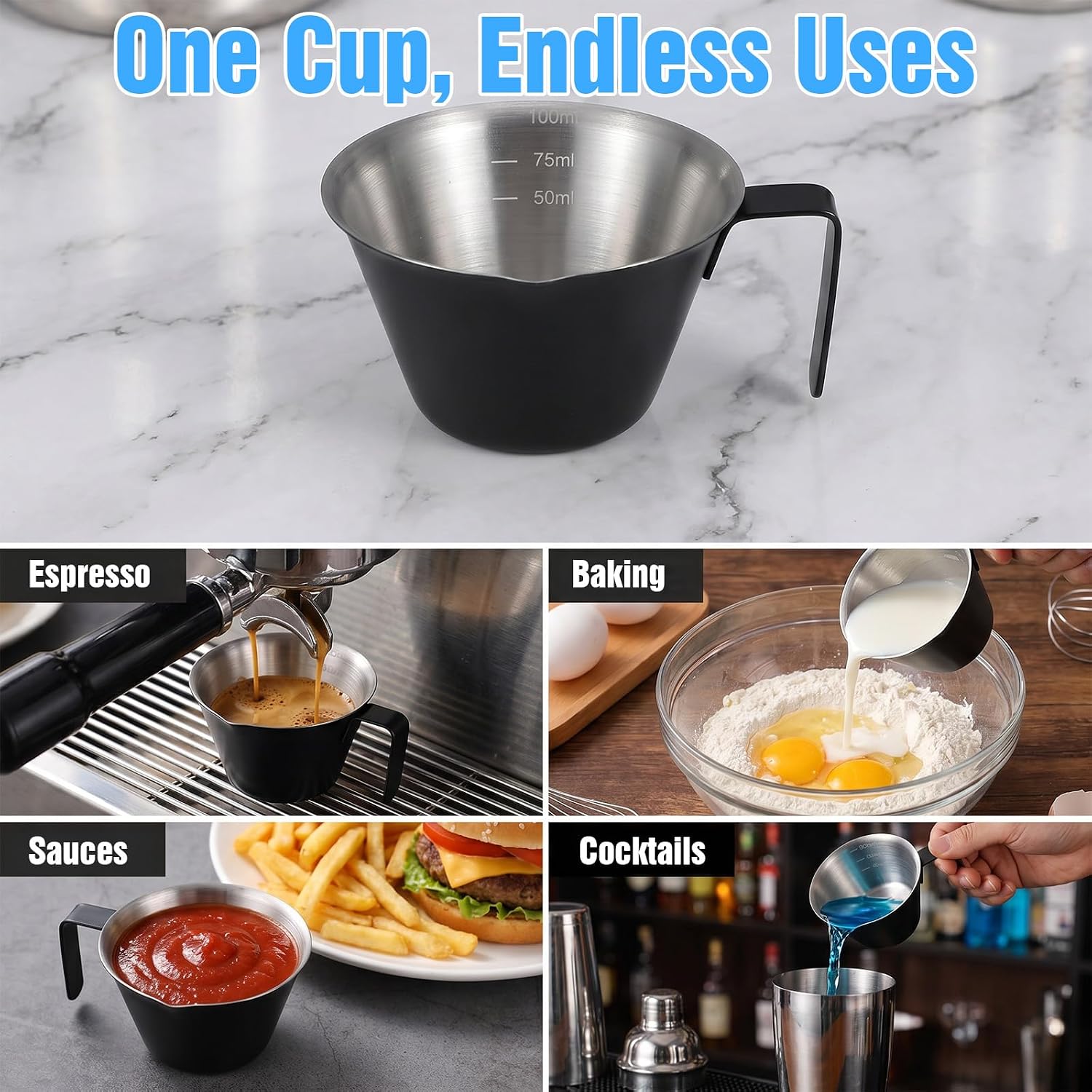 8 Pcs Stainless Steel Espresso Measuring Cup, Stainless Steel Espresso Cups with Handle, Small Coffee Shot Cups for Precise Pouring, Dishwasher Safe Coffee Accessories