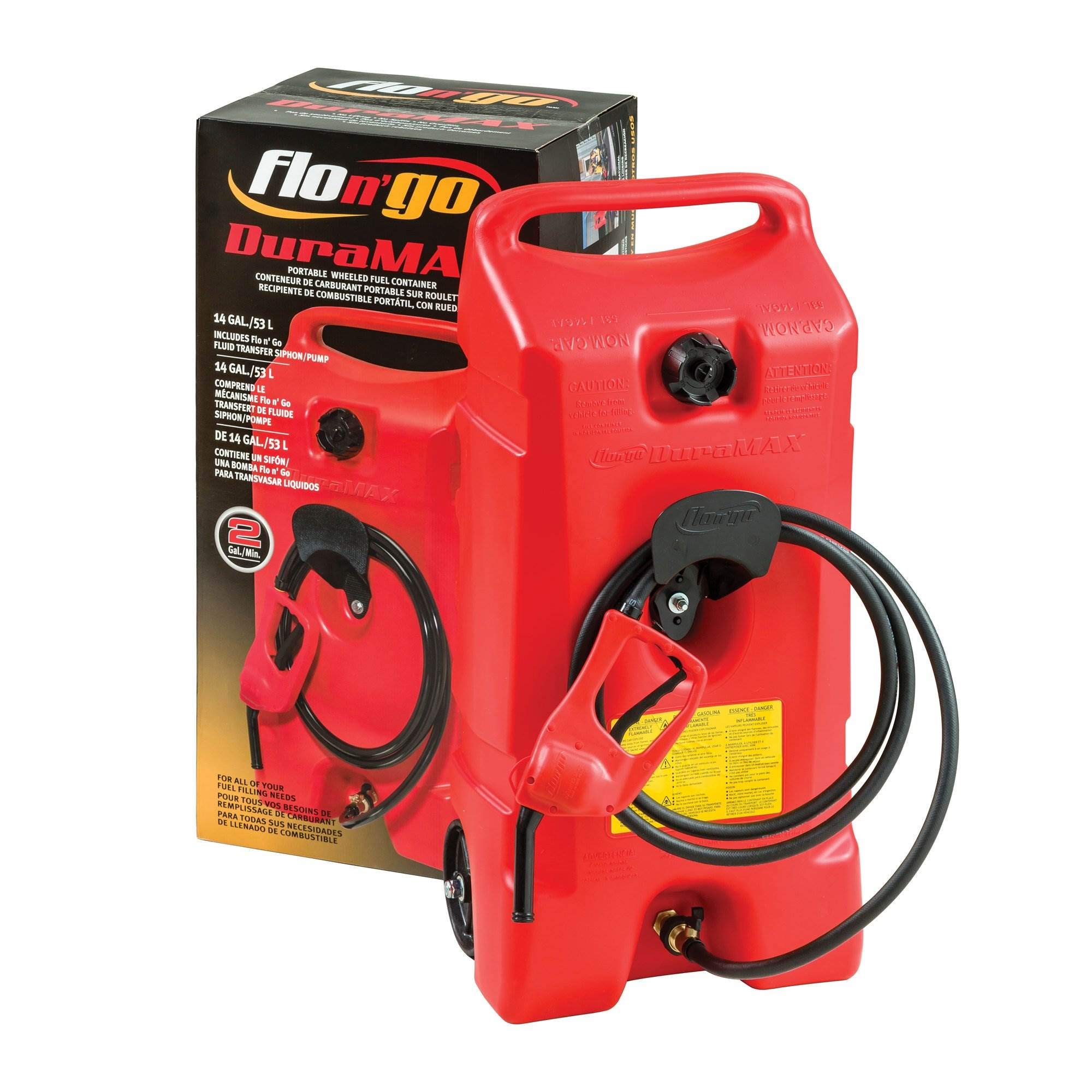 Scepter Flo N' Go Duramax 14 Gallon Portable Gas Fuel Tank Container Caddy with LE Fluid Transfer Siphon Pump and 10 Foot Long Hose, Red