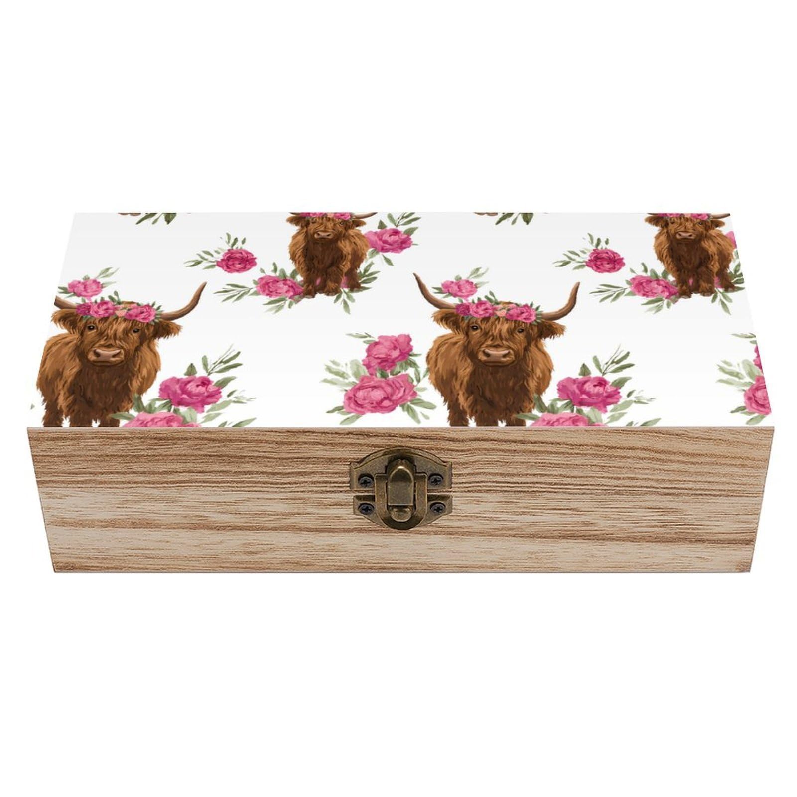 HLBSDM Highland Cow Print Wooden Box with Hinged Lid Decorative Storage Case Container