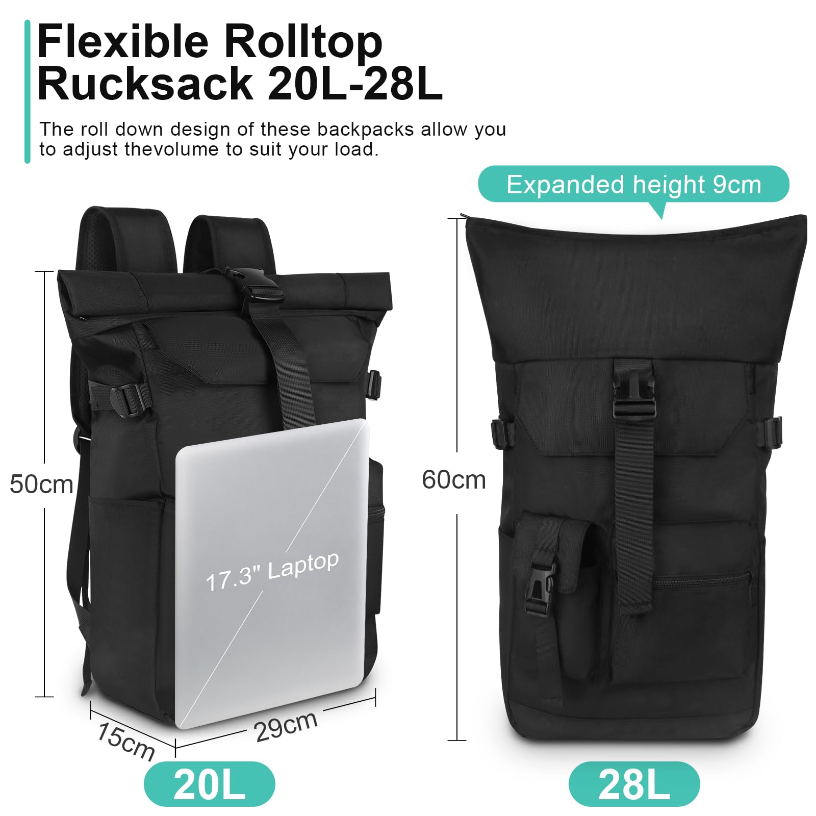 28L Plecak rolltop damski męski, Plecak na laptopa wodoodporny i antykradzieżowy, do pracy, uniwersytetu, podróży, czas wolny