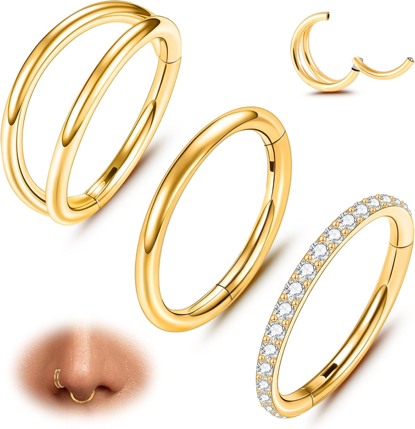 ONESING 3Pcs Nose Rings Hoops 16G 18G 20G Hoop Nose rings for Women 316L Surgical Steel Nose Hoops Hinged Cartilage Conch Septum Rings Double Hoop Nose Rings Tragus Earrings Nose Piercing Jewelry 6-12mm