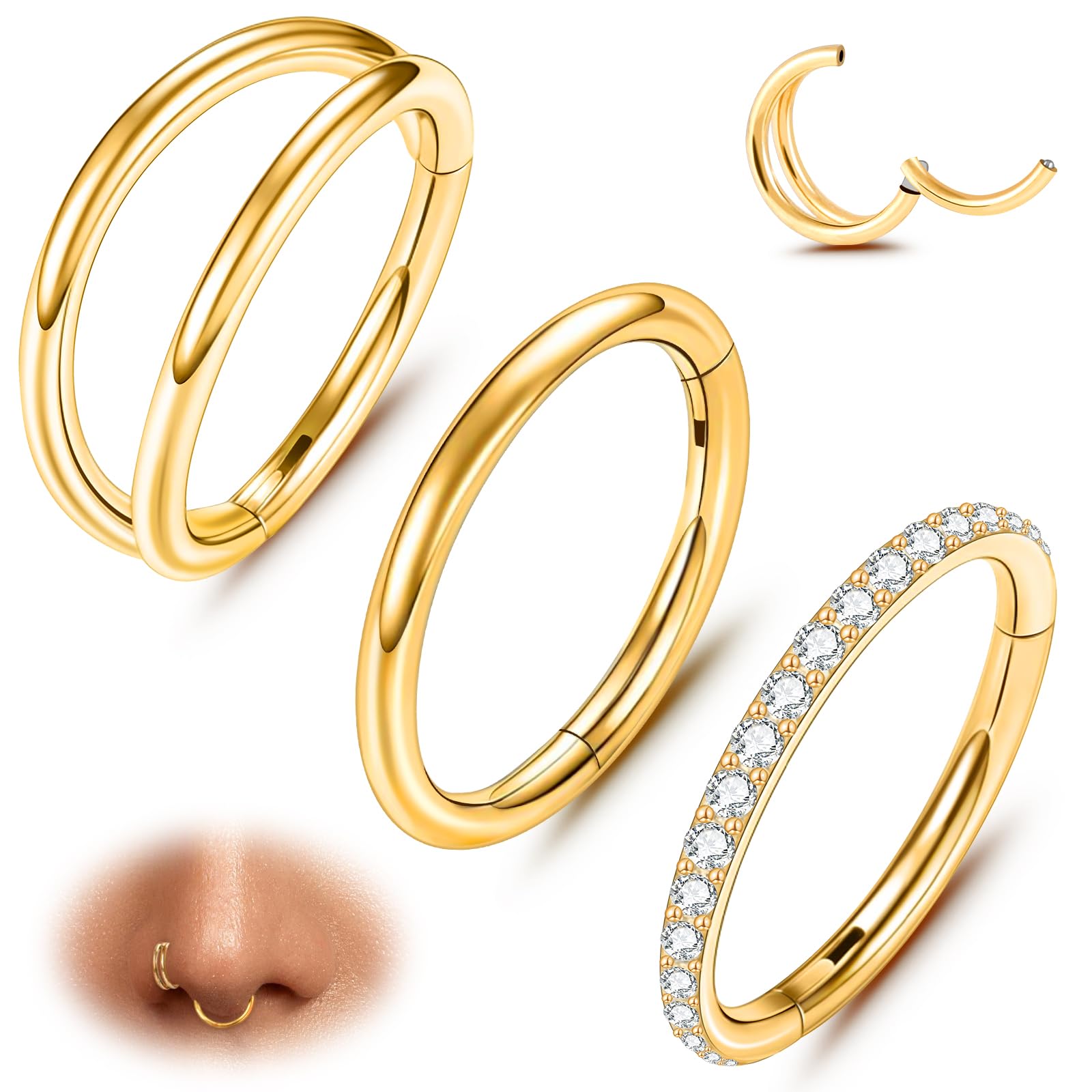 ONESING 3Pcs Nose Rings Hoops 16G 18G 20G Hoop Nose rings for Women 316L Surgical Steel Nose Hoops Hinged Cartilage Conch Septum Rings Double Hoop