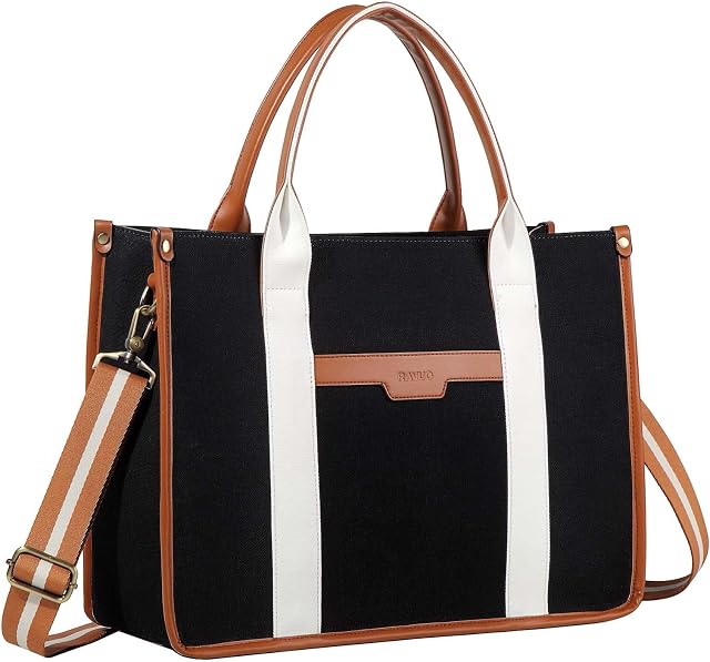 Sac fourre-tout pour ordinateur portable pour femmes, RAVUO sac en toile résistant à l'eau de 15,6 po, grand sac à main pour affaires avec bandoulière