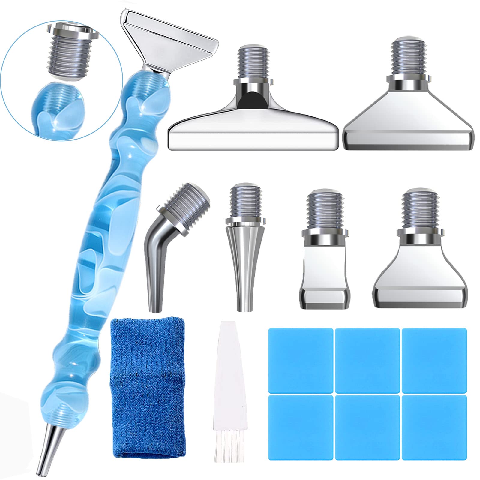 16PCS 5D Metal Tips Diamond Painting Accessories, Diamond Art Pen Ergonomic 6pcs Stainless Steel Thread Tips, Diamond Painting Accessories with 6 Glue Clays,1Finger Sleeves Protectors,1Brush