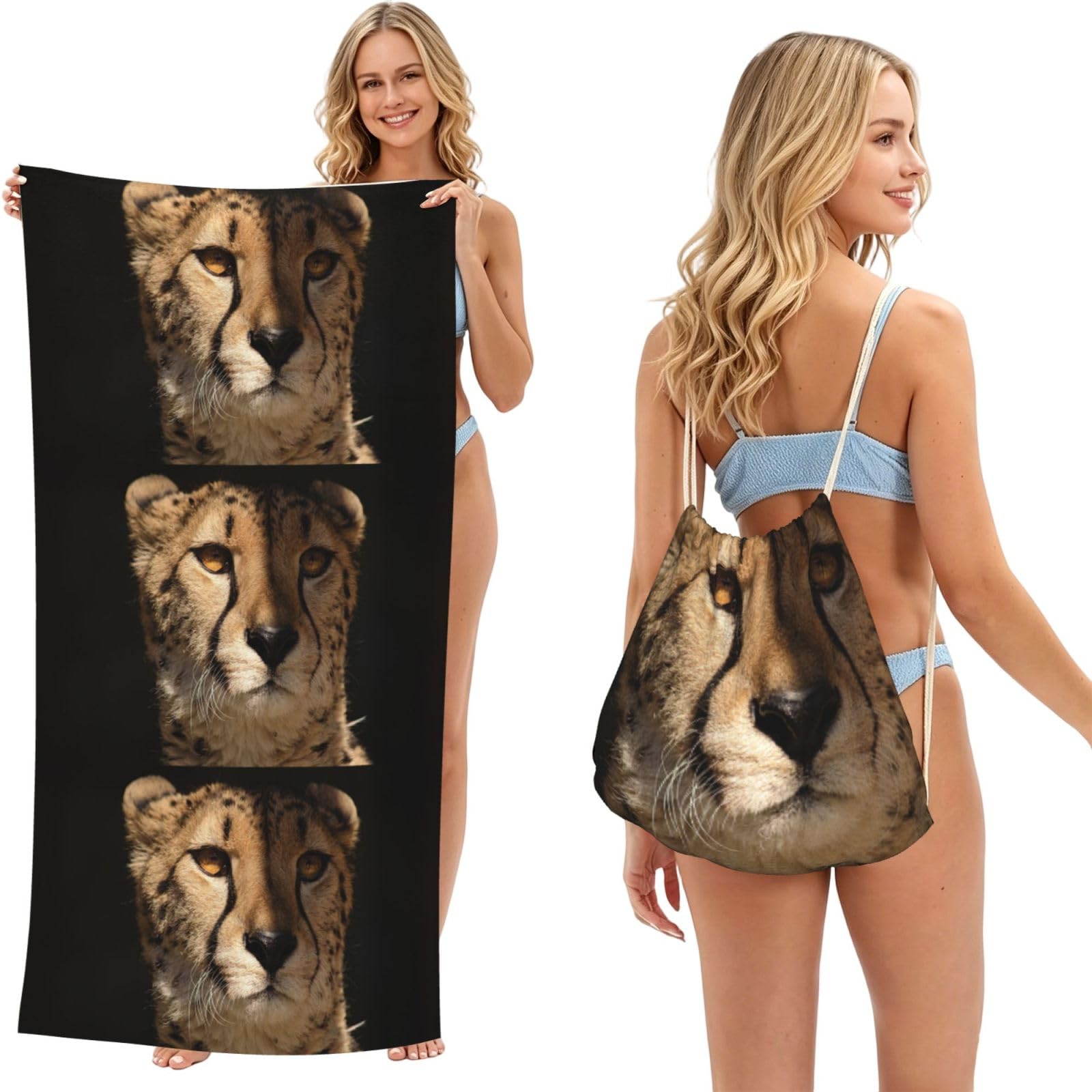Poadnly As Picture White Cheetah Printed, 2 In 1 Packable Towel Bag, Beach Towels With Drawstring Backpack For Travel Holiday Camping