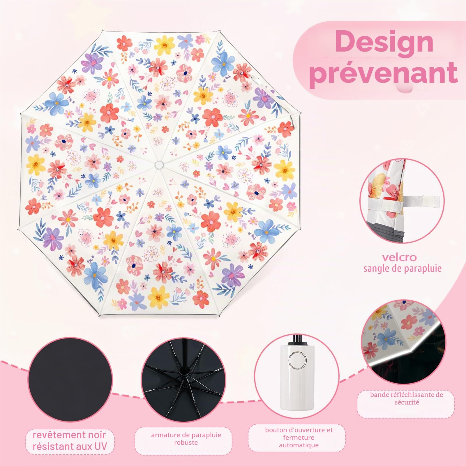 decalsweet Parapluie Pliant Enfant Anti-UV, Parapluie Compact Léger Automatique Anti-Rebond avec Bande Réfléchissante, Mini Parapluie de Voyage pour Bebe, Filles, Garçons, Fleurs et Plantes