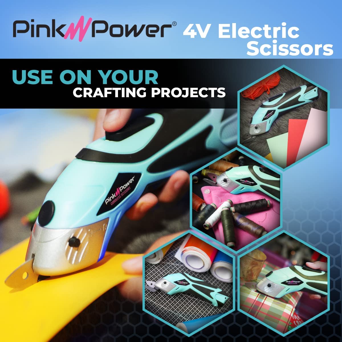Pink Power Tijeras eléctricas de tela para manualidades, costura, cartón, alfombras y álbumes de recortes, herramienta de corte profesional resistente, tijeras eléctricas inalámbricas automáticas Aqua