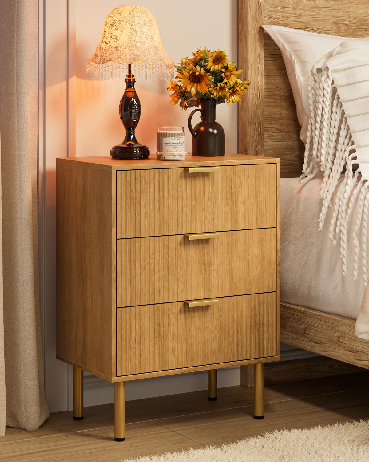 Apetaccat Bedside Table with 3 Drawers, Modern Bedside Cabniet with Metal Legs, Fluted Nightstand, Side Table for Bedroom, Living Room, Office, Oak
