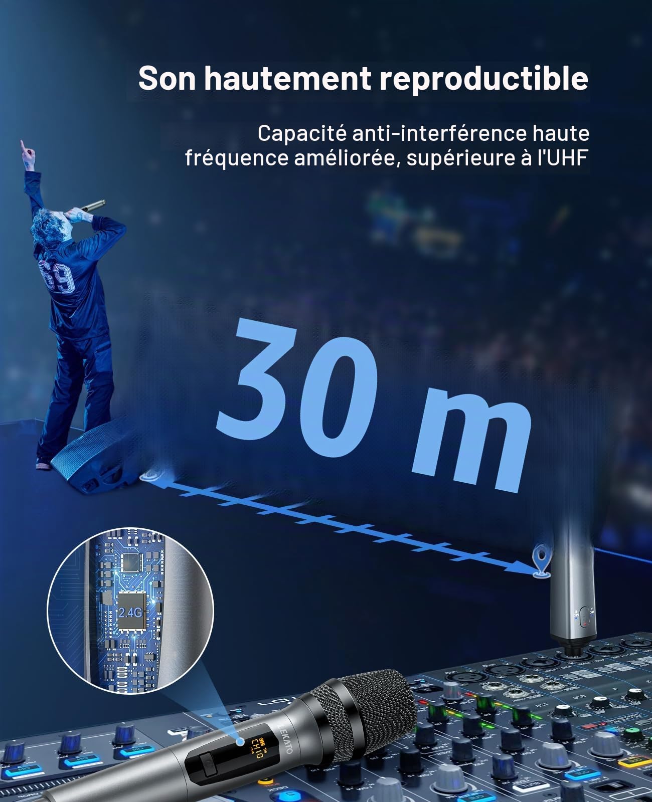 LEKATO Microphones sans Fil 2,4 GHz Doubles Rechargeables 30 Heures Autonomie Ensemble Métal Karaoké Chant Argent