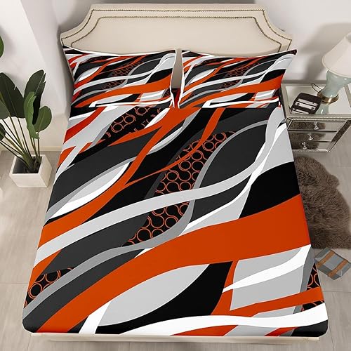 Miniatura 4 de Manfei Sábana bajera ajustable gris naranja tamaño matrimonial, funda de cama circular de rayas onduladas abstractas con 2 fundas de almohada, juego