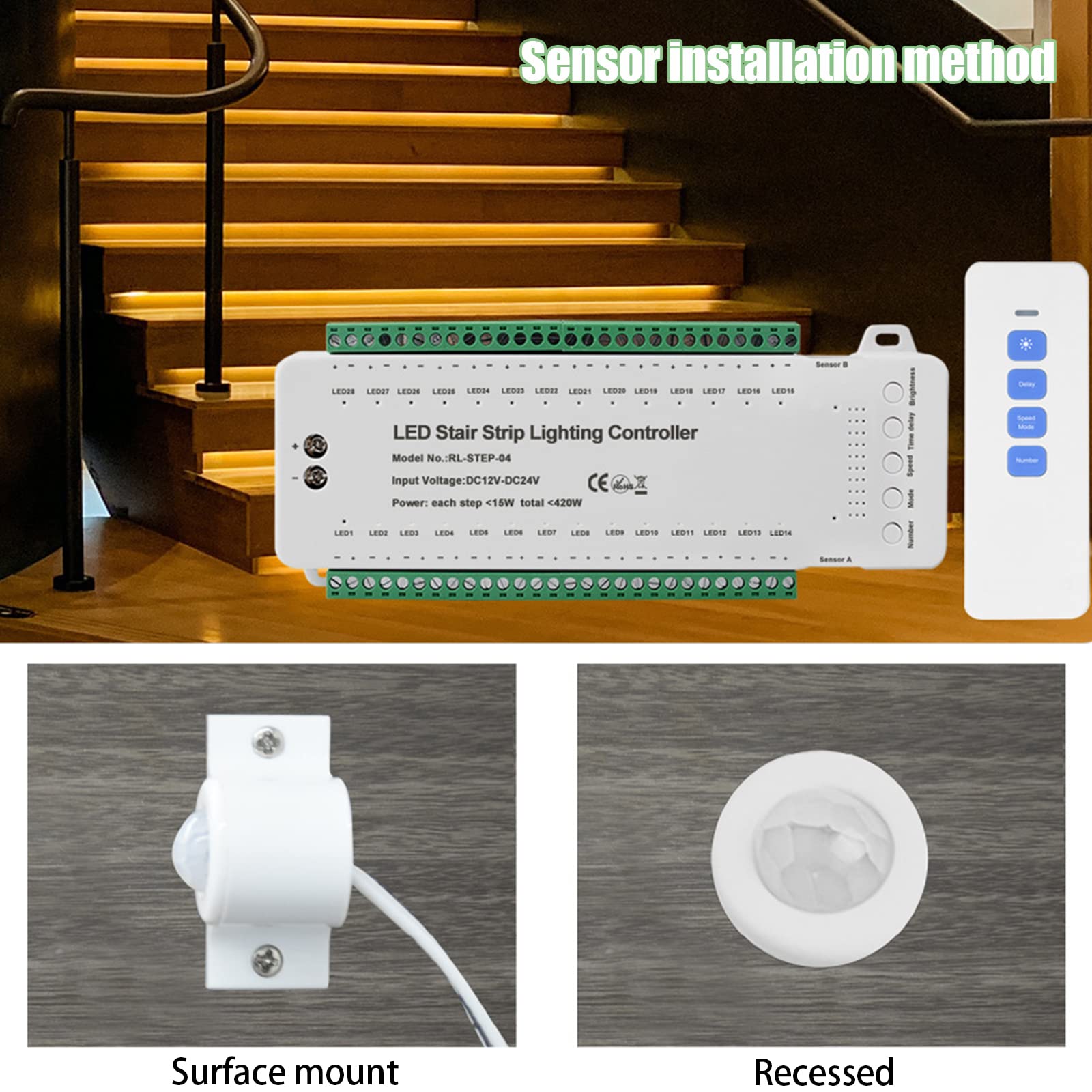Controller per illuminazione a LED per scale con sensore di movimento, controllo della luce per scale con 28 gradini e telecomando