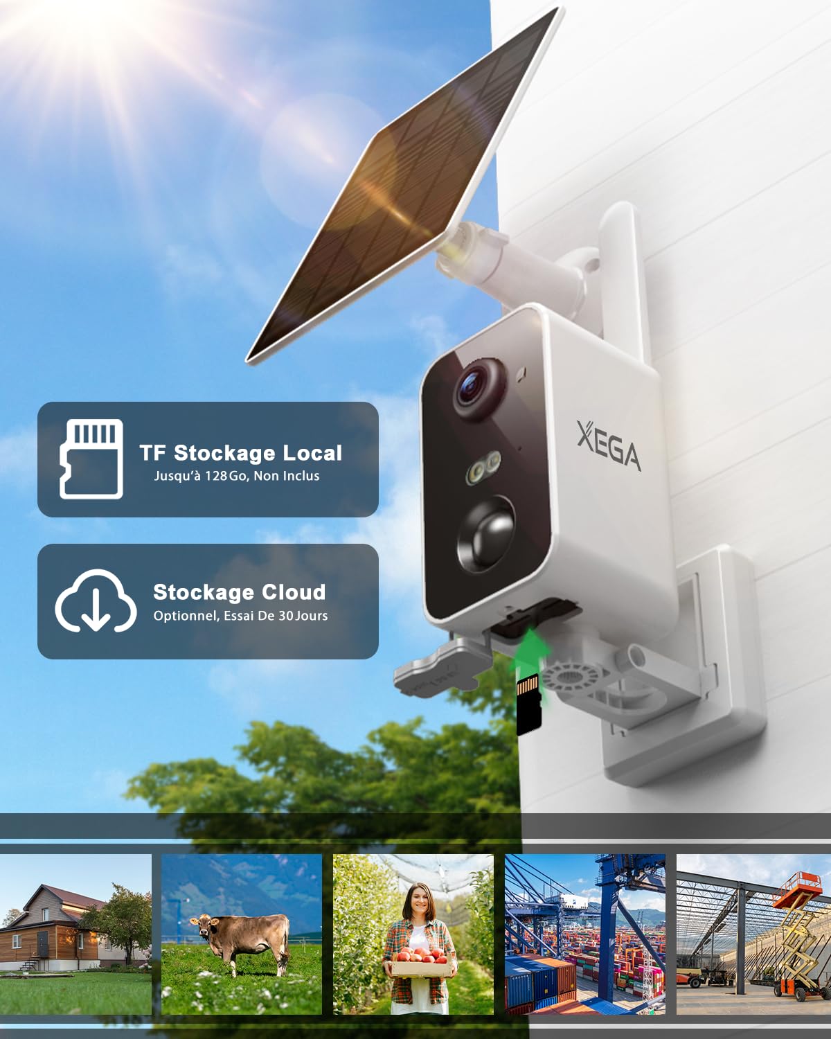 Xega Caméra 4G Solaire, SIM, Vision Nocturne Couleur, sans WiFi, Pan 180°
