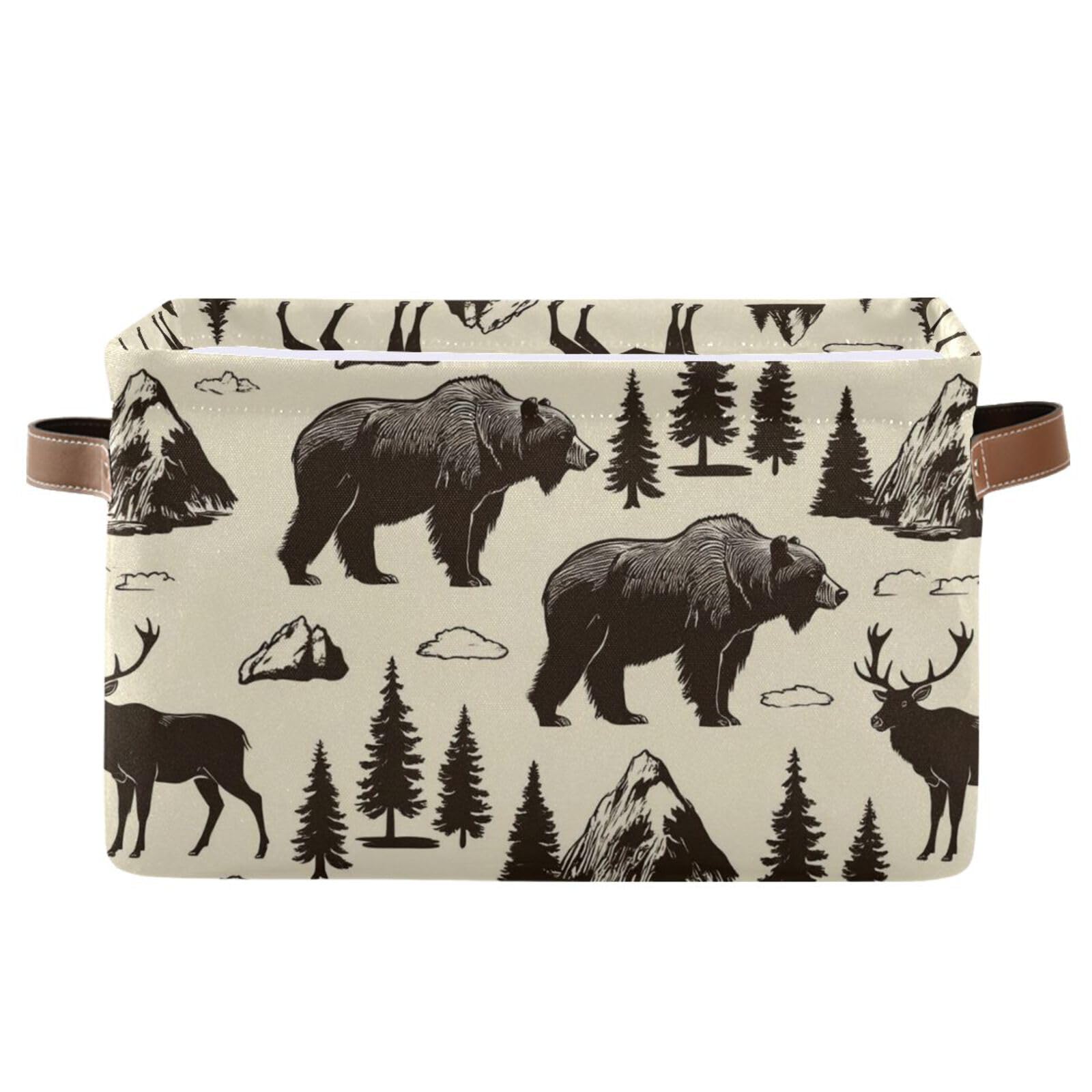Aslsiy Storage Basket Vintage Deer Bear Moose Nursery Bins National Park Baby Box Canvas Clothes Shelf Basket Laundry Hamper for Home Closet 1 Pcs