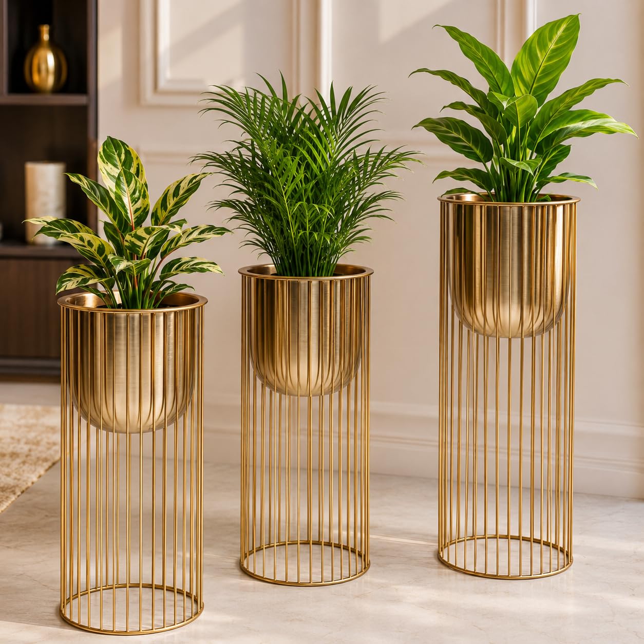 INDIAN DECORMART Premium Metal Planter with Stand | Gold Finish Indoor Outdoor Flower Pot for Living Room Balcony Garden Home Decor (Set of 3)-image-25