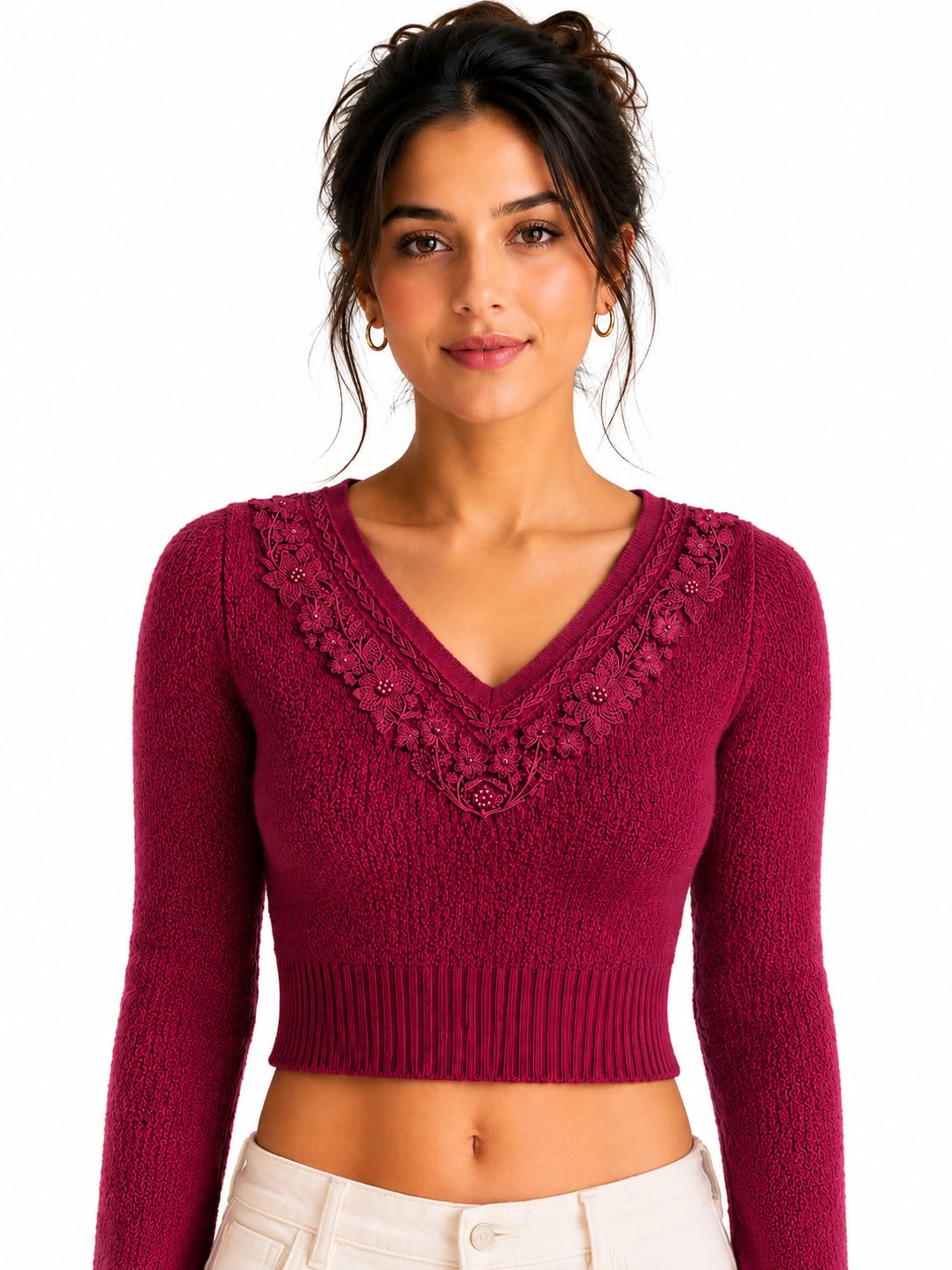 Women's Floral Embroidered V-Neck Crop Sweater | Soft Knit Full Sleeve Winter Crop Top | Casual Stylish Pullover for Women-picture-24