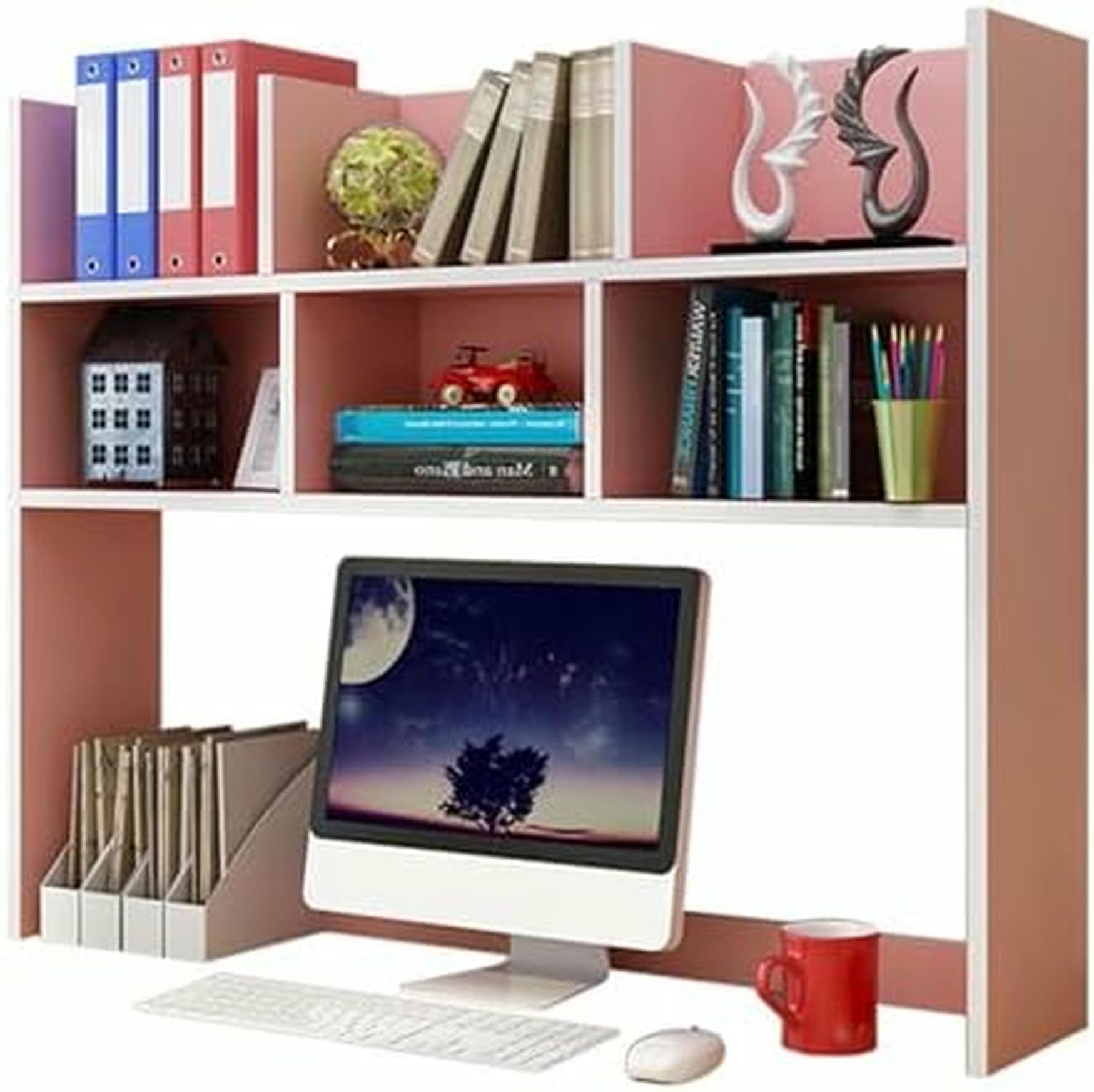 CWCQGH 2-Tier Desk Hutch for Dorm, Desktop Bookshelf Organizer, Slim Storage Rack, Multipurpose Home Office Display, Countertop Bookshelf for Small Spaces,Pink-80cm/31.4in