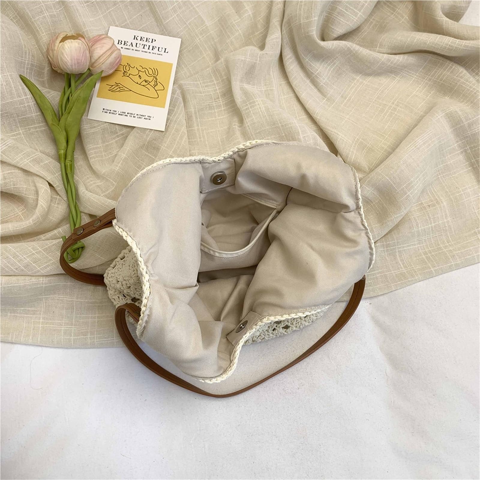 borsa donna estiva Borsa tote intrecciata a mano di grande capacità, borsa a spalla singola da donna, stile semplice, in cotone