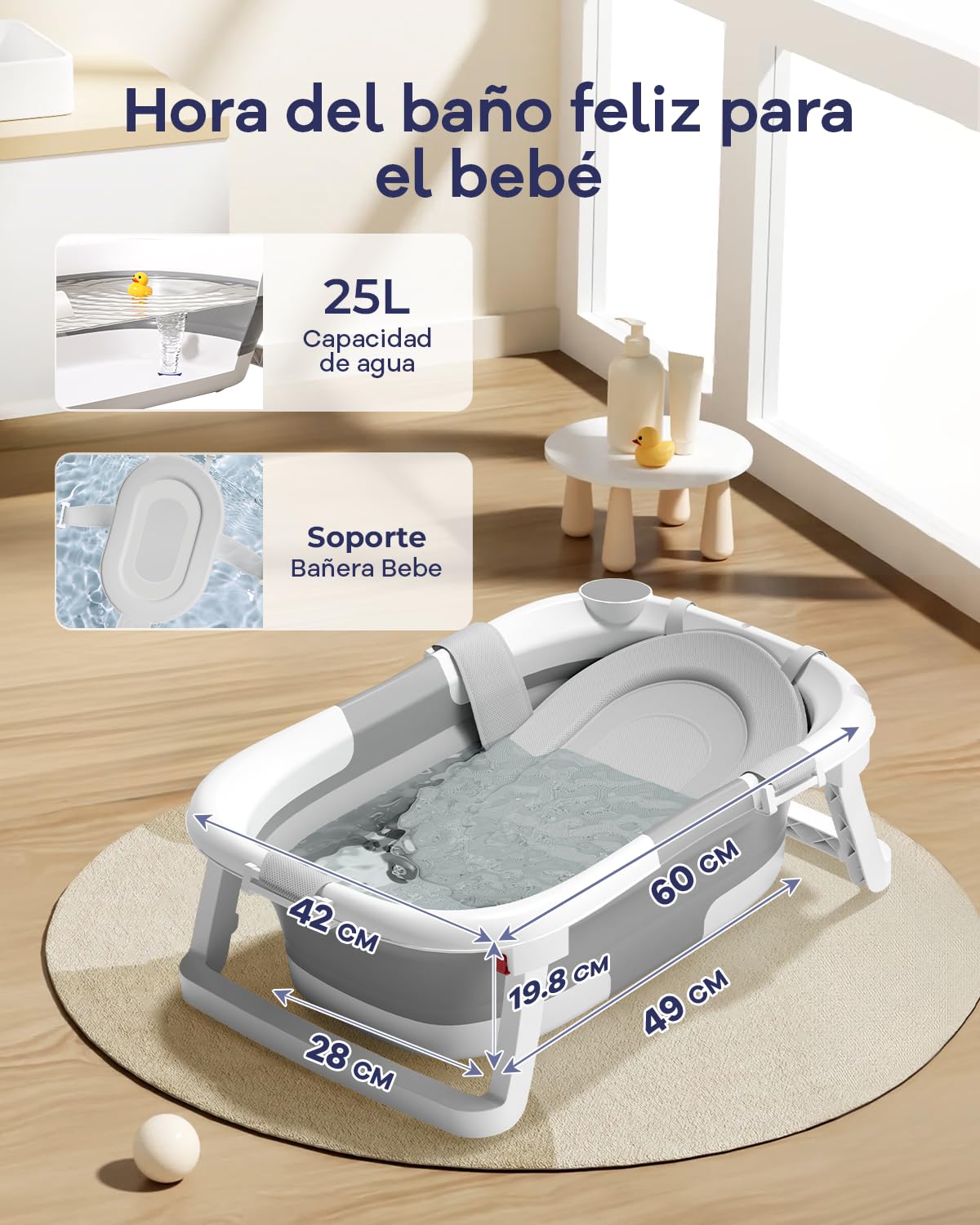 Bañera plegable 2 en 1 con soporte, bañera para bebé con red de soporte de baño, adecuada para recién nacidos y niños pequeños, diseño plegable y multiusos para almacenamiento, ideal para viajes y