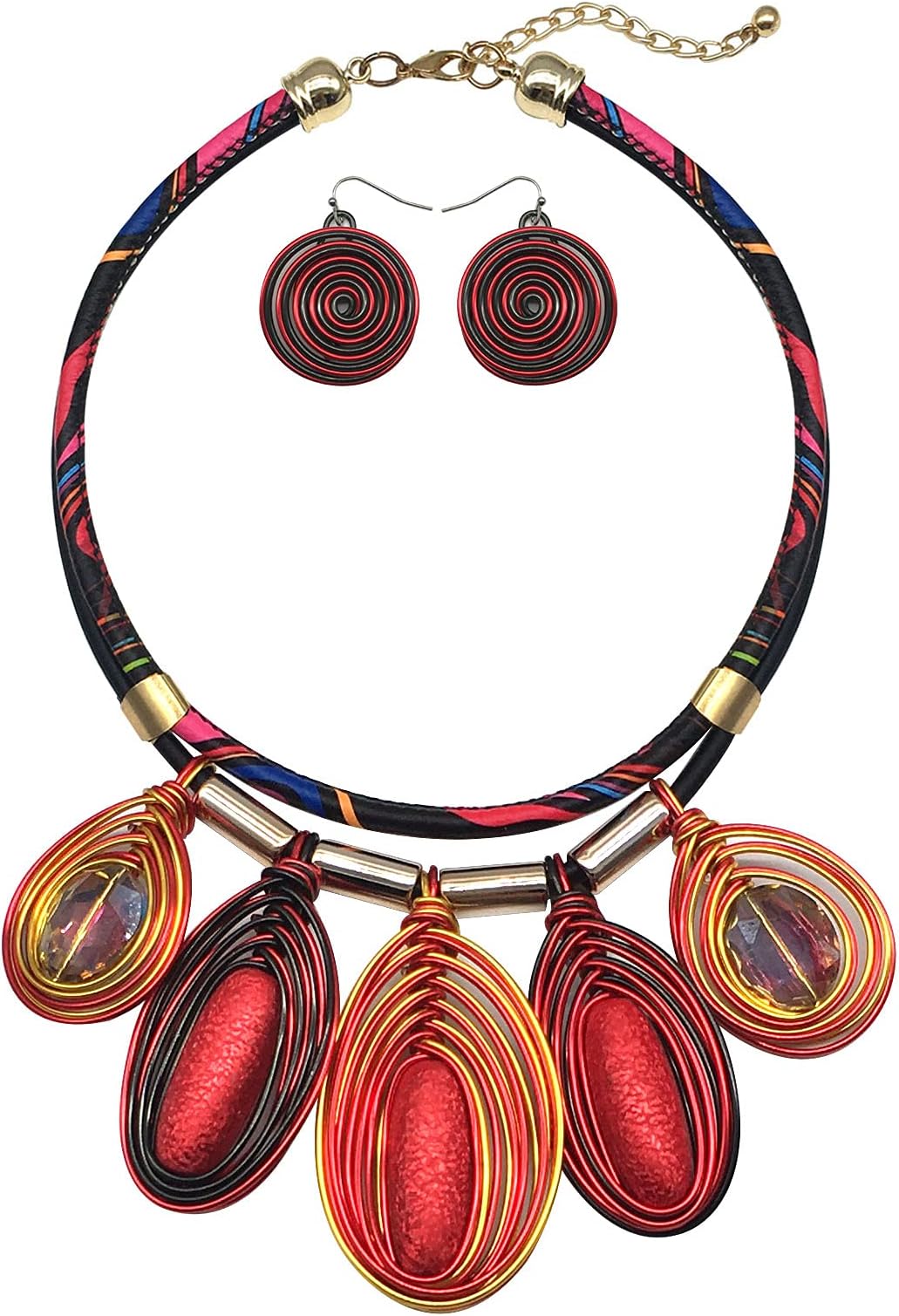 JHWZAIY Chunky African Jewelry Statement Necklace For Women Tribal Fashion Costume Earring Set Unique Rhinestone Crystal Gold Wire Wrapped Big Wood Pendent Collar Choker Bib Handmade