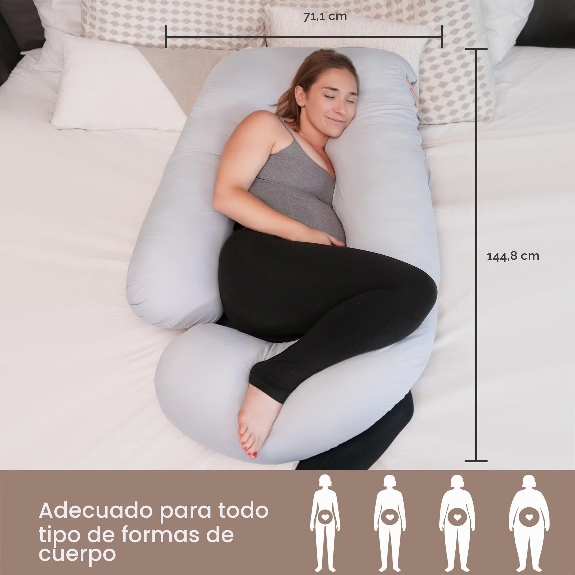 Almohada Embarazada U, Funda 100% Algodón Desmontable y Lavable
