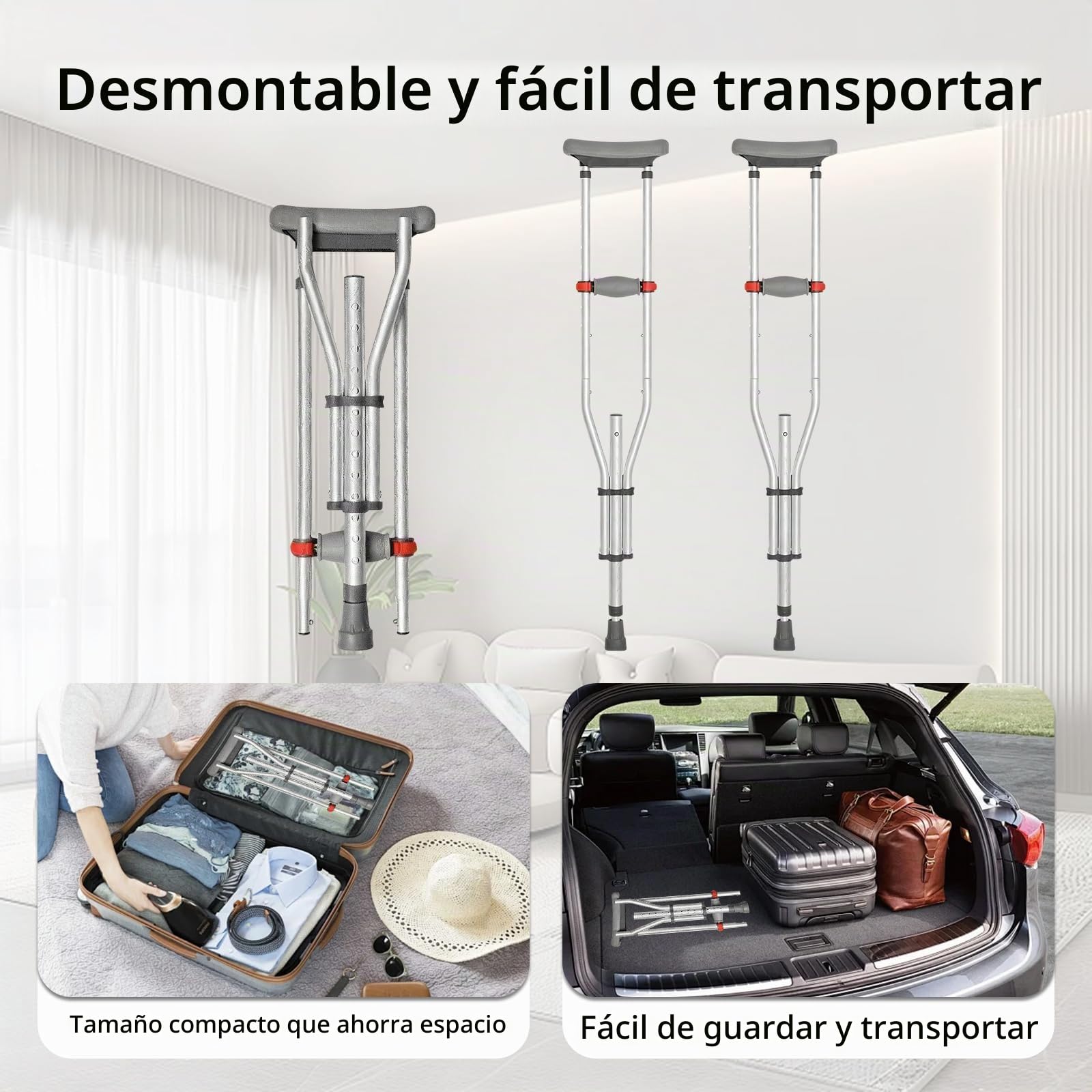 Muletas para Axilas, Plegables Muletas Adulto Altura Ajustable, Capacidad de Carga 150 KG, Muletas de Aluminio con Apoyos Blandos para Antebrazos y Manos, 1 Par