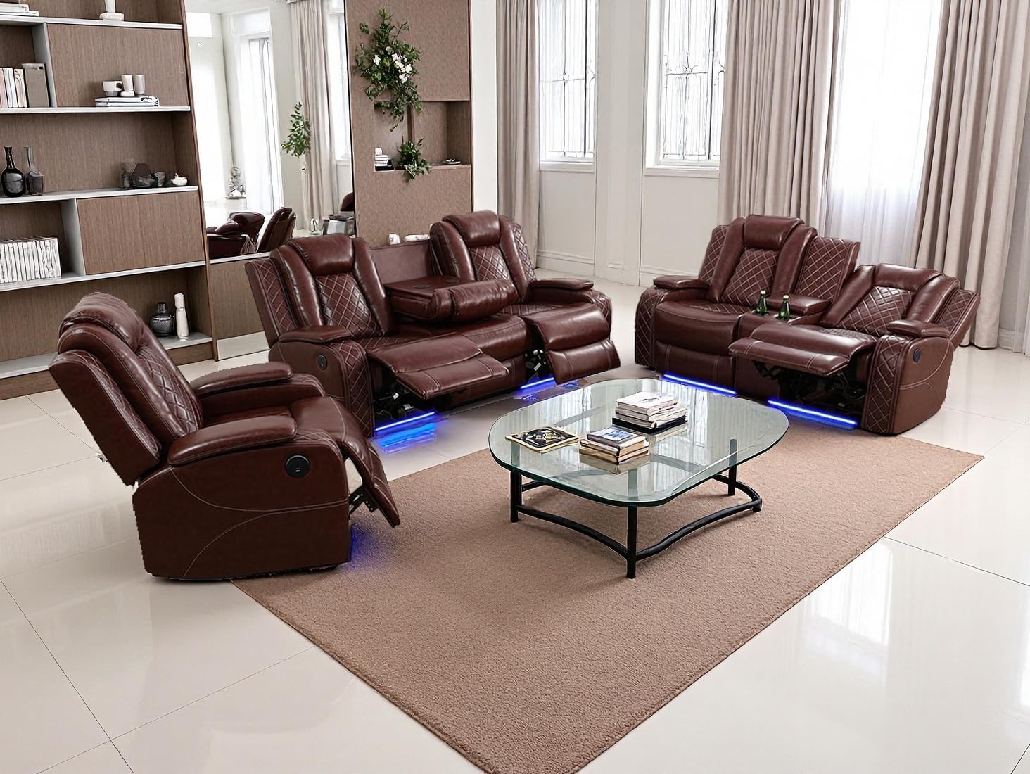 Dekmxas Living Room Set Brown Breathing Leather Sofa Living Room Furniture Se...