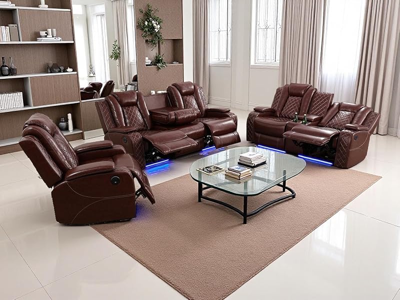 Juego de sala de estar Sofá de cuero marrón que respira Juego de muebles de sala Sofá manual reclinable eléctrico, sofá de dos plazas y silla con portavasos/consola de almacenamiento/luz LED para sala de estar