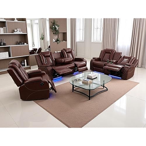 Dekmxas Living Room Set Brown Breathing Leather Sofa Living Room Furniture Set Power Recliner Manual Sofa,Loveseat and Chair with Cup Holders/Storage Console/LED Light for Living Room