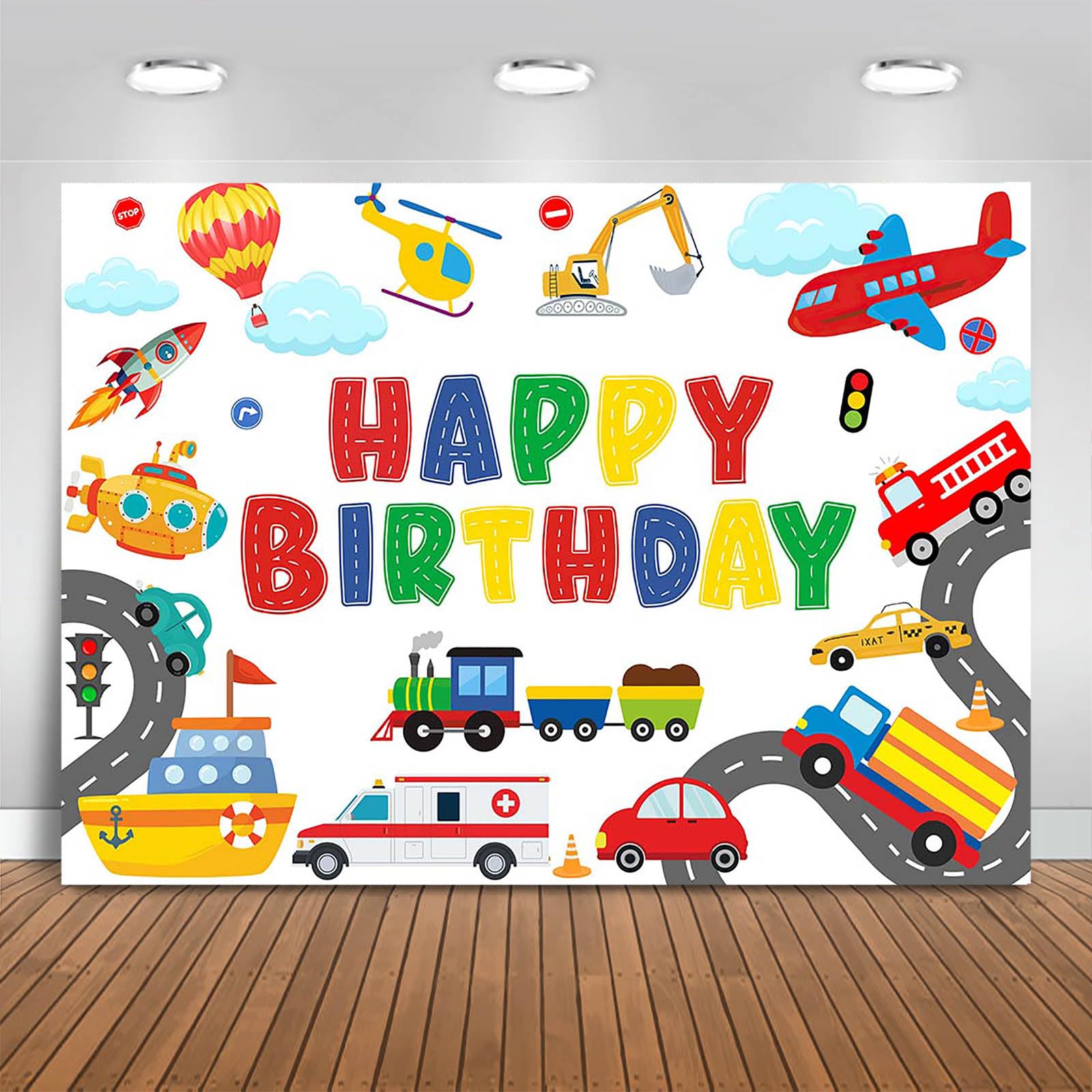 Fitumiw Transportation Birthday Backdrop 10x7ft Plane Train Car Sailboat Vehicle Birthday Party Decorations Background for Boys Traffic Banner Photo