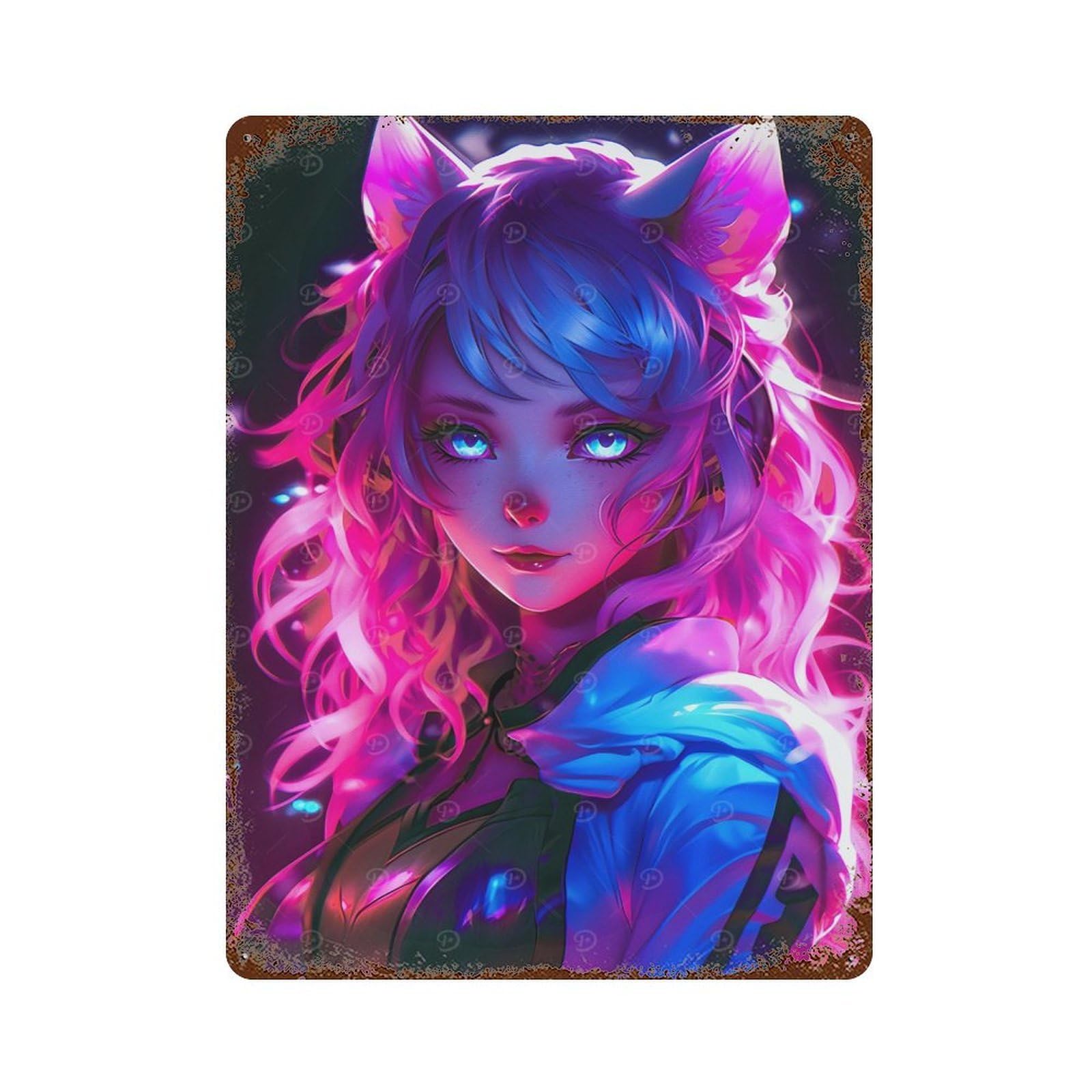 Cat Girls Pink Neon Anime Rusty Metal Tin Sign 15.7"x11.8", Farmhouse Wall Decor for Farmhouse, Kitchen And Entryway Decor