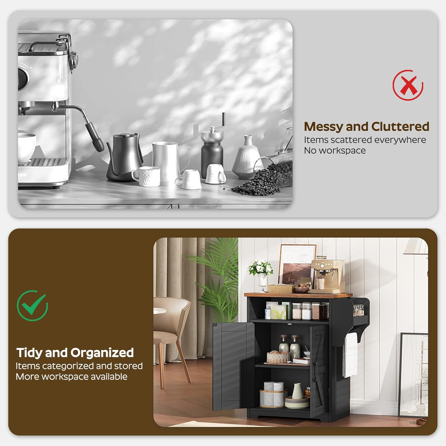 Coffee Bar Cabinet, Kitchen Island with Storage, Farmhouse Sideboard Buffet Cabinet with Dual-Purpose Floating Shelf and Hooks, for Restaurant, Living Room, Rustic Brown KF22BR