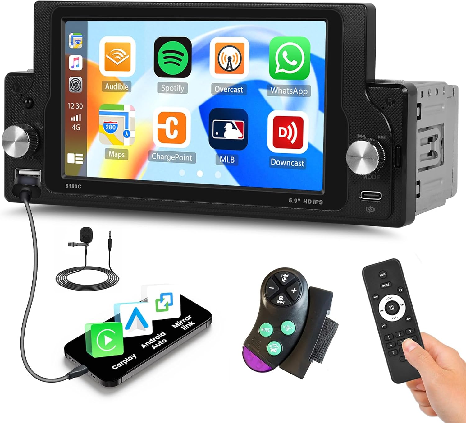 SIXWIN Single Din Car Stereo with 6-inch touchscreen, remote controls, and microphone.