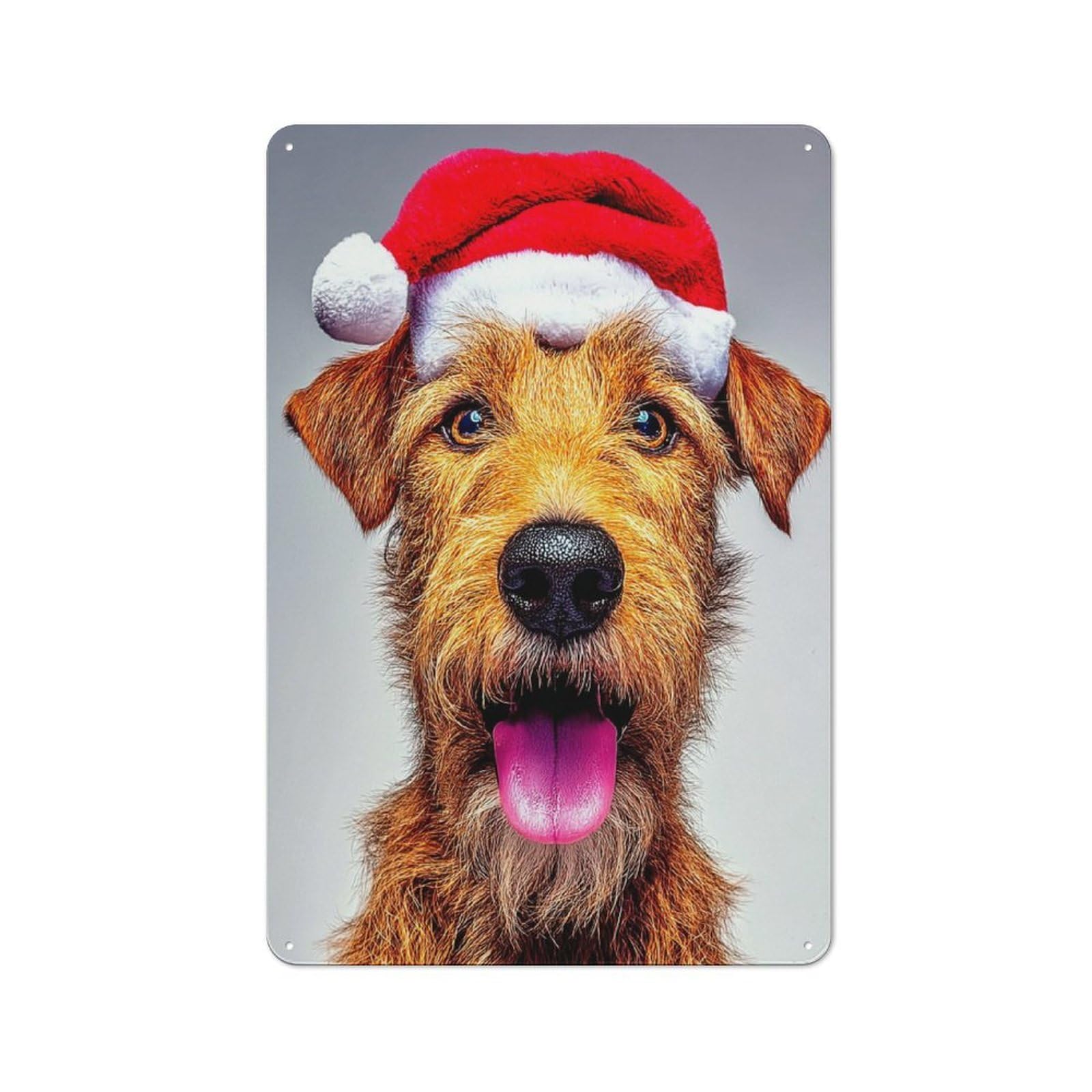 Junmoney Christmas Pup In Red Hat -1 Metal Wall Sign 30X20cm Featuring For Café Or Restaurant, A Decorative Metal Sign For Cafés And Restaurants
