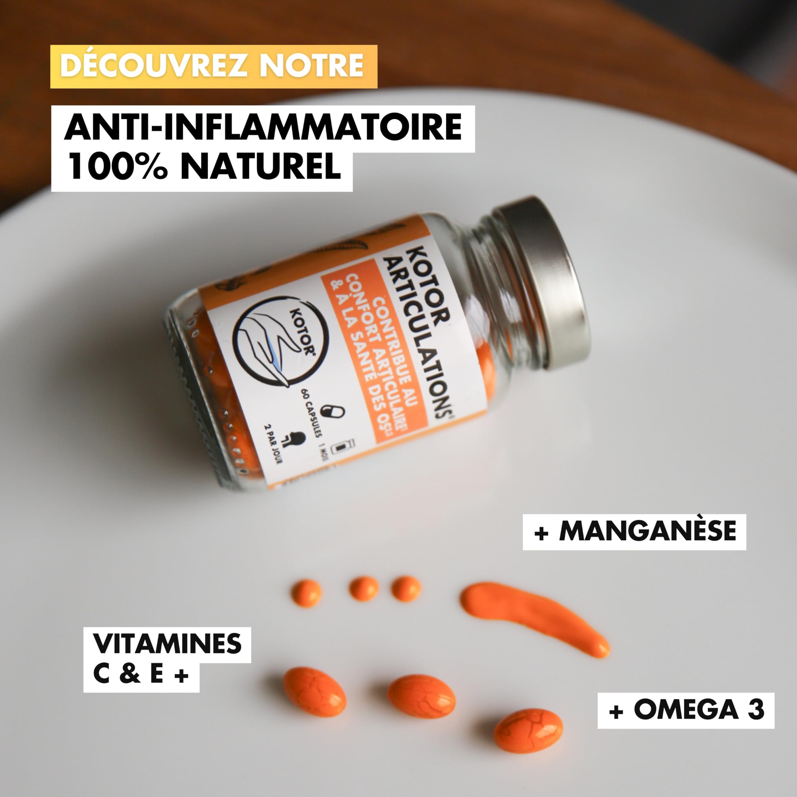 KOTOR ARTICULATIONS | Soulage les Douleurs Articulaires | Santé des Cartilages | Curcuma + Gingembre + Omega 3 + Vitamines C & E + Manganèse | 60 Capsules | 1 Mois | Produit en France