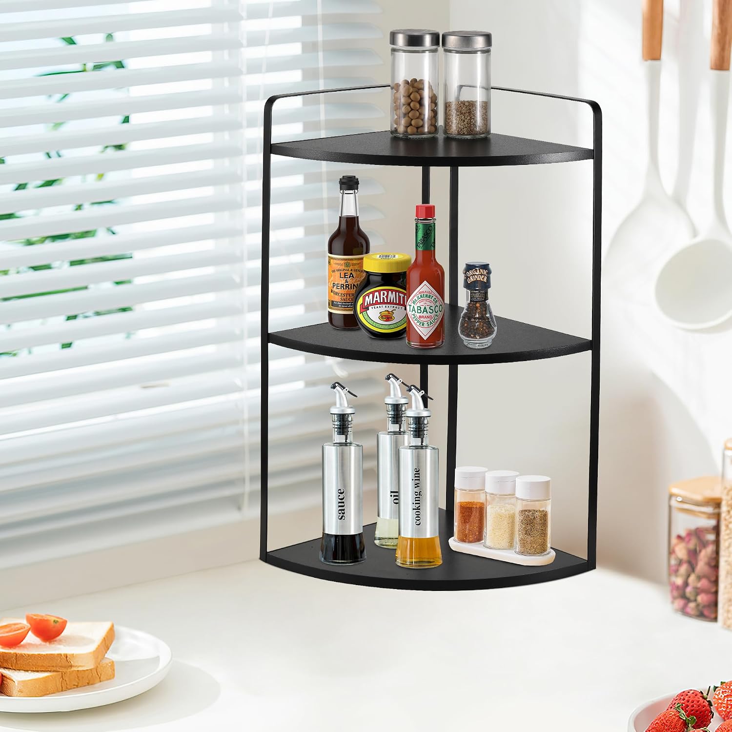 3 Tier Corner Bathroom Counter Organizer, Countertop Organizer, Makeup Organizer Countertop, Bathroom Storage Sink Shelf, Wooden and Metal Counter Shelf (Large Capacity-Black)